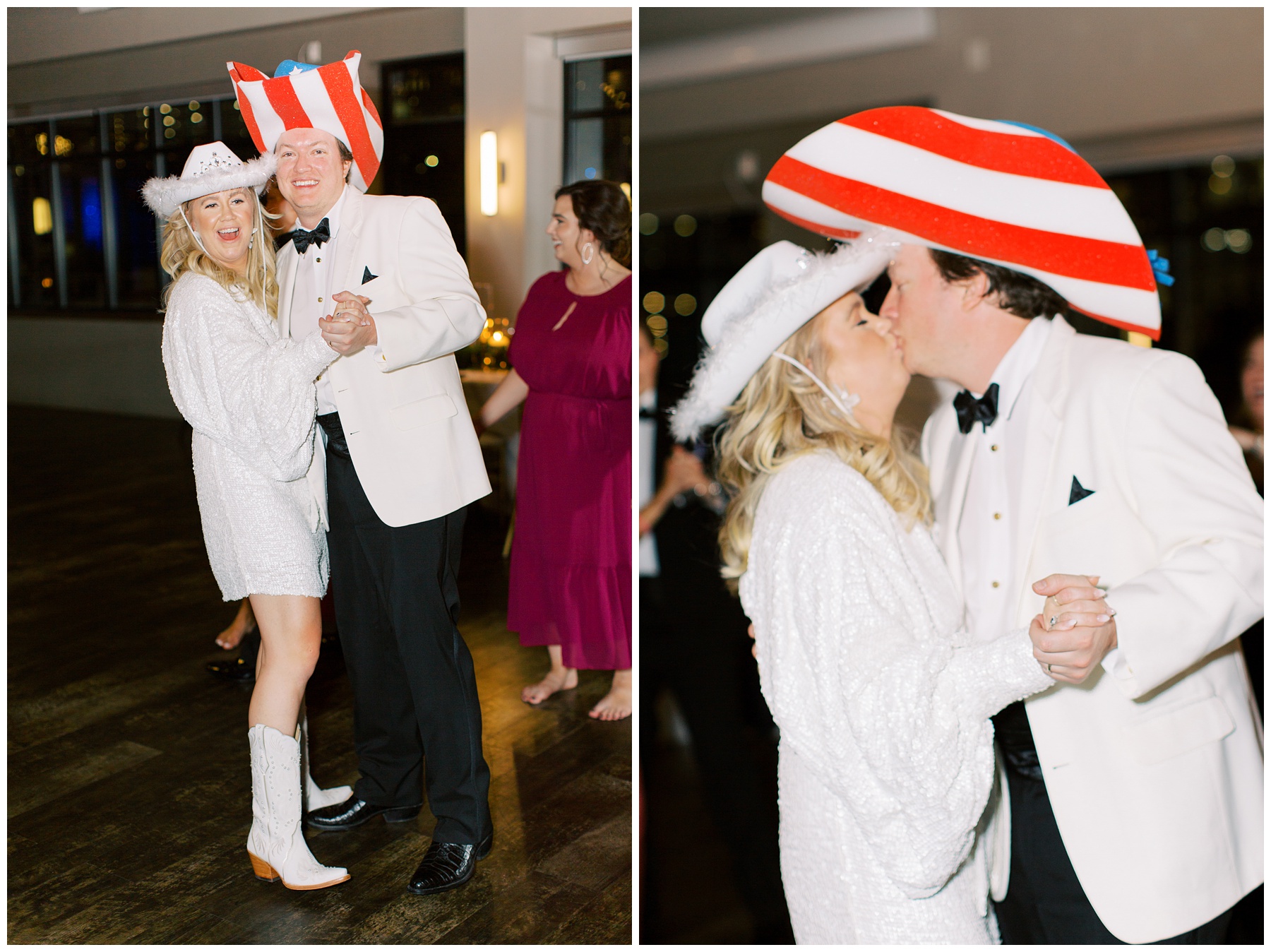 bride and groom dance with silly cowboy hats during reception at The Terrace at Cedar Hill