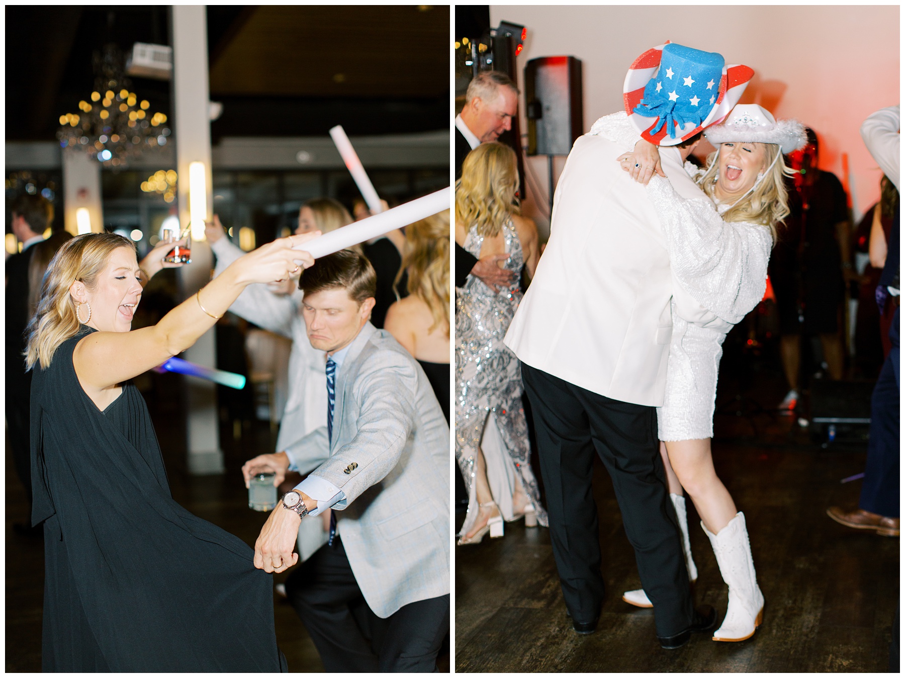 bride and groom dance in cowboy hats and boots during NC wedding party 