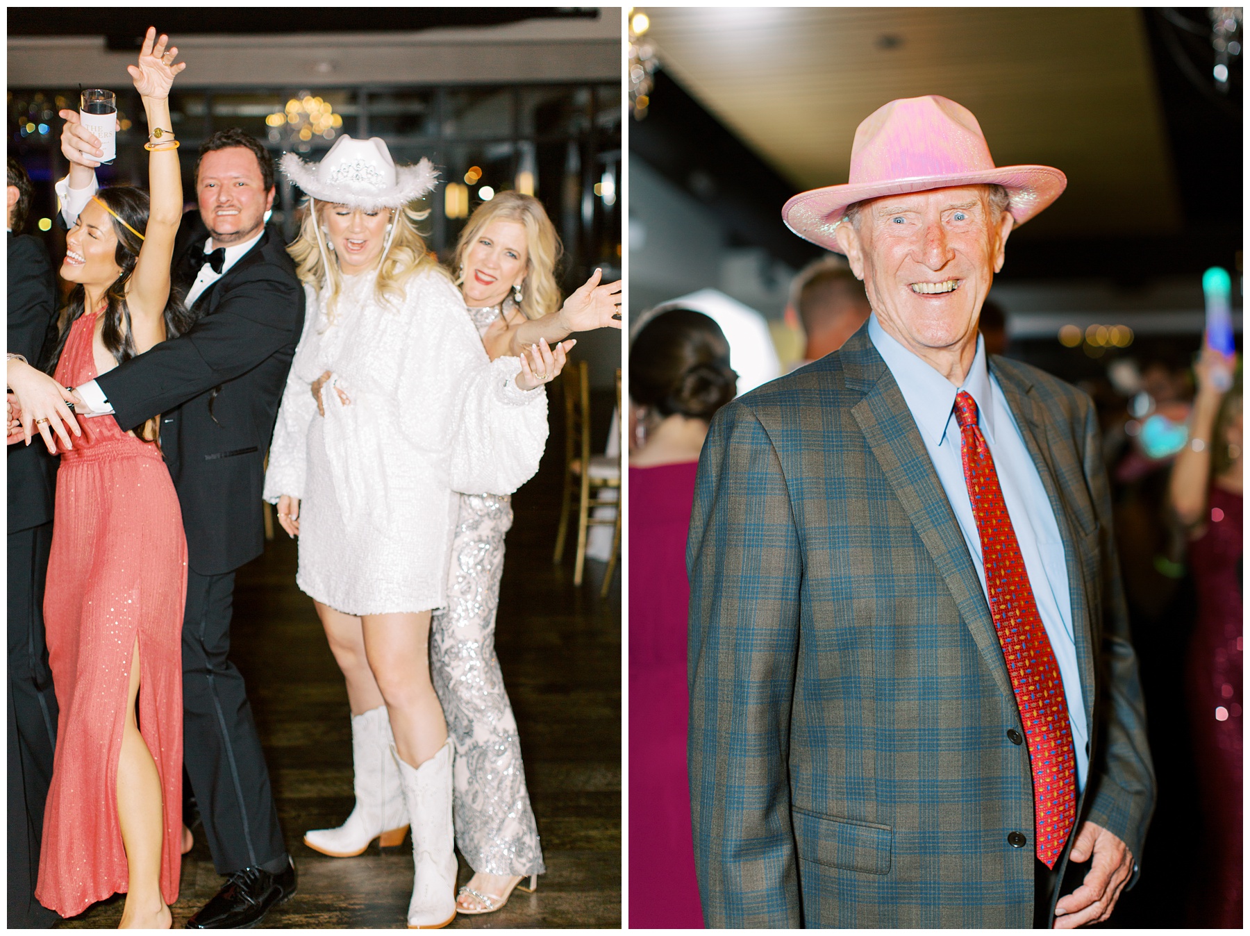 wedding reception guests pose in cowboy hats during NC party 