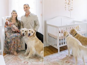 parents sit with new daughter and two dogs in nursery
