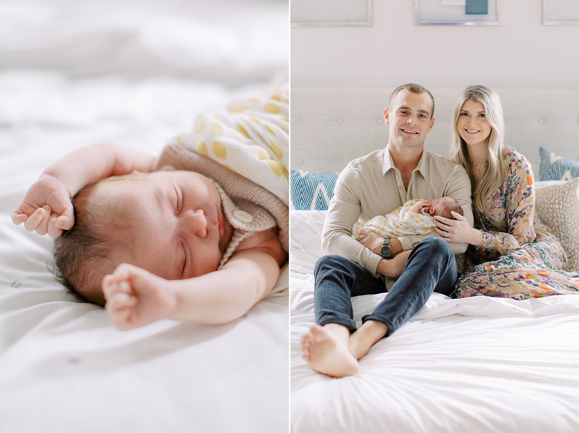 parents sit with daughter on bed during newborn photos