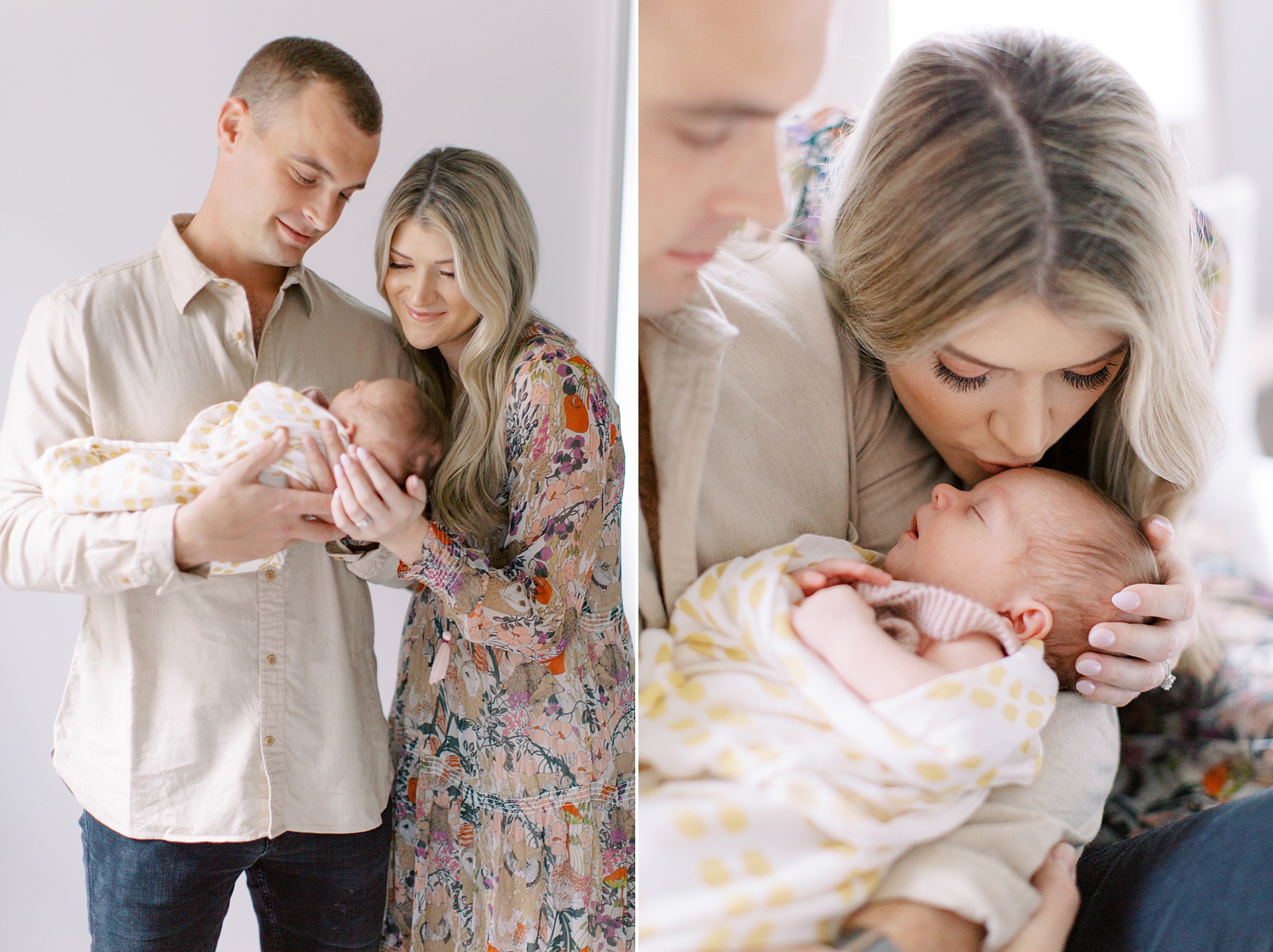 new parents hold baby girl during newborn photos at home