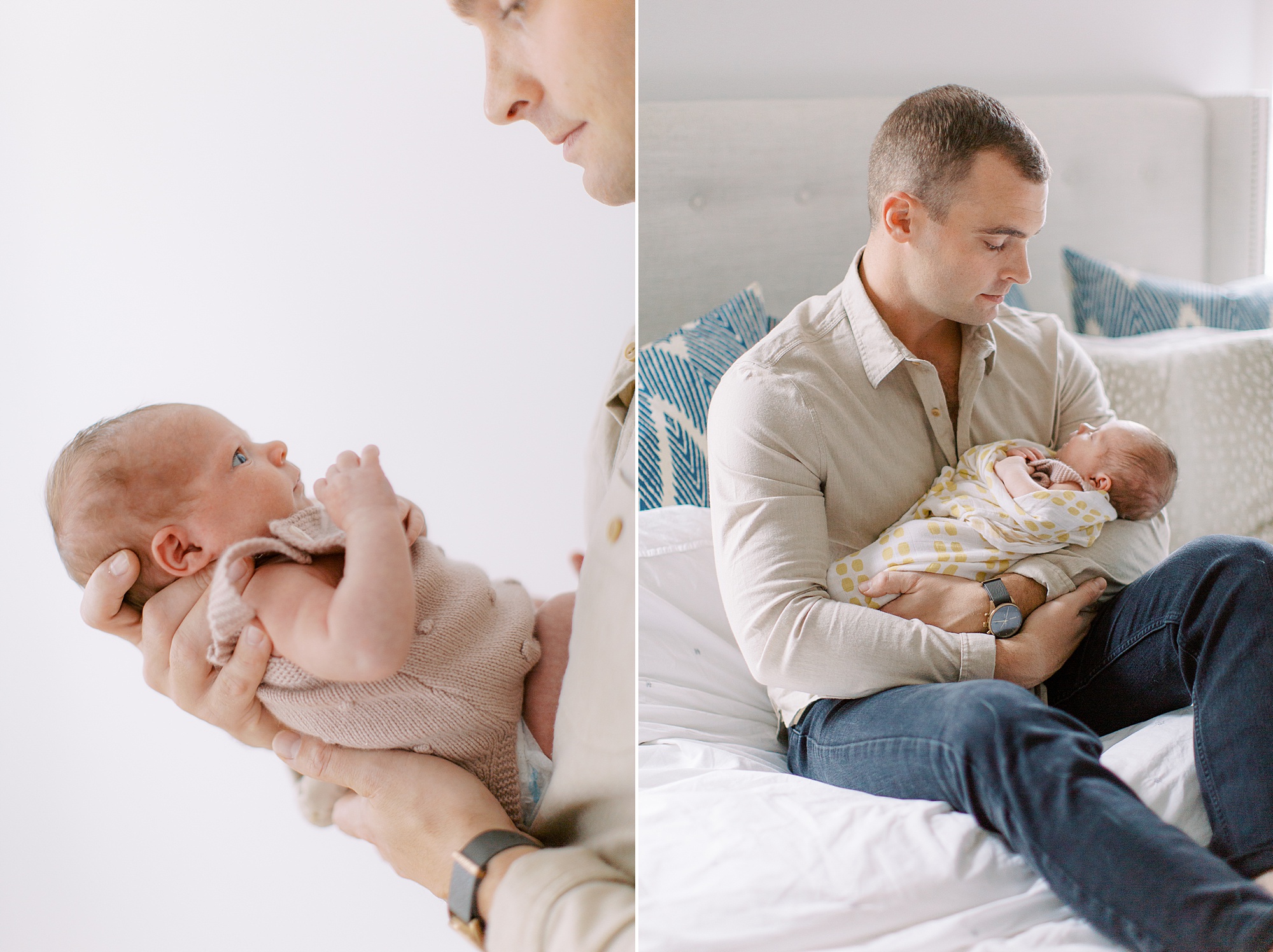 dad looks at daughter during newborn photos in nursery