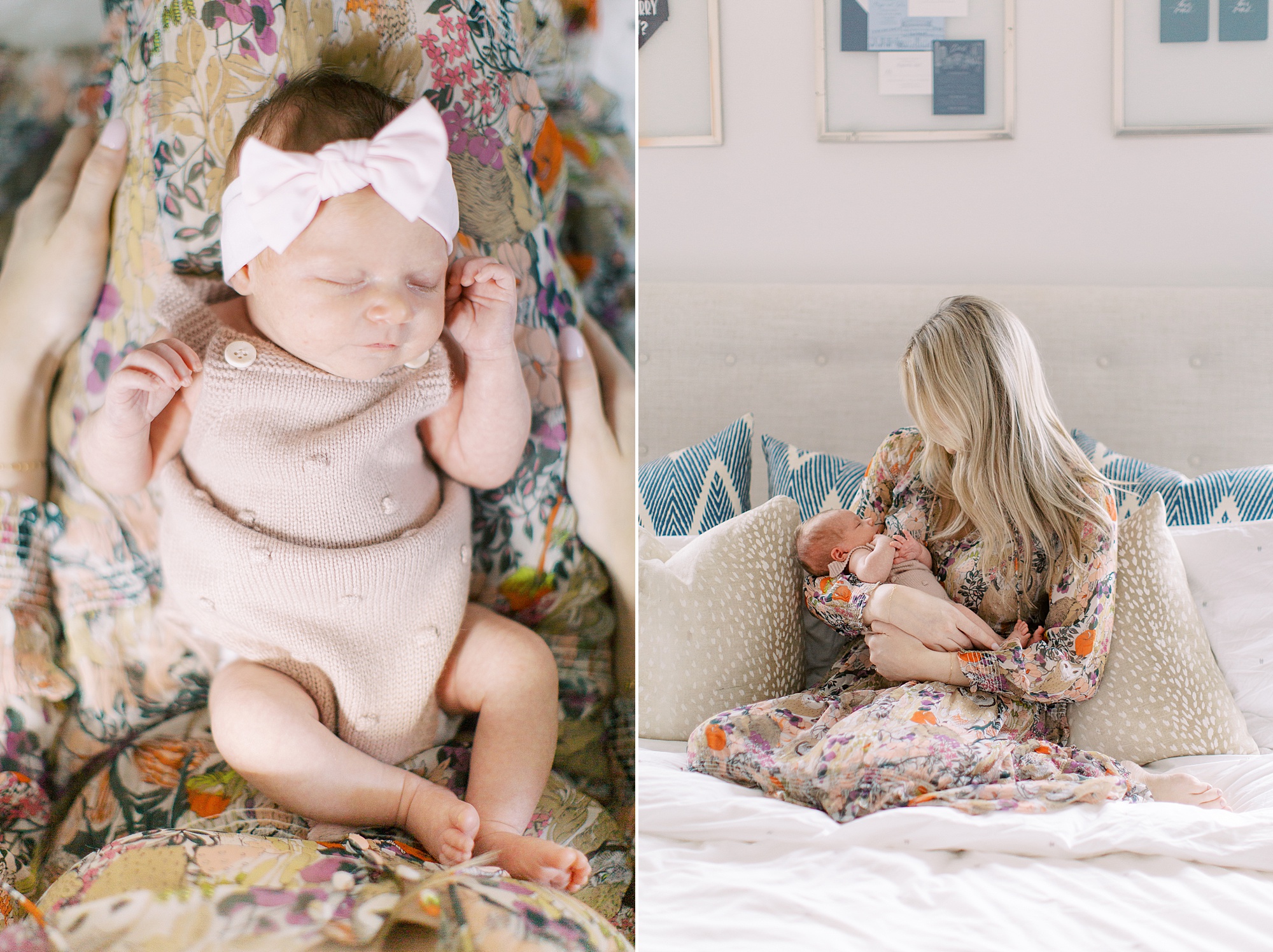 mom snuggles with baby on bed during Charlotte newborn session