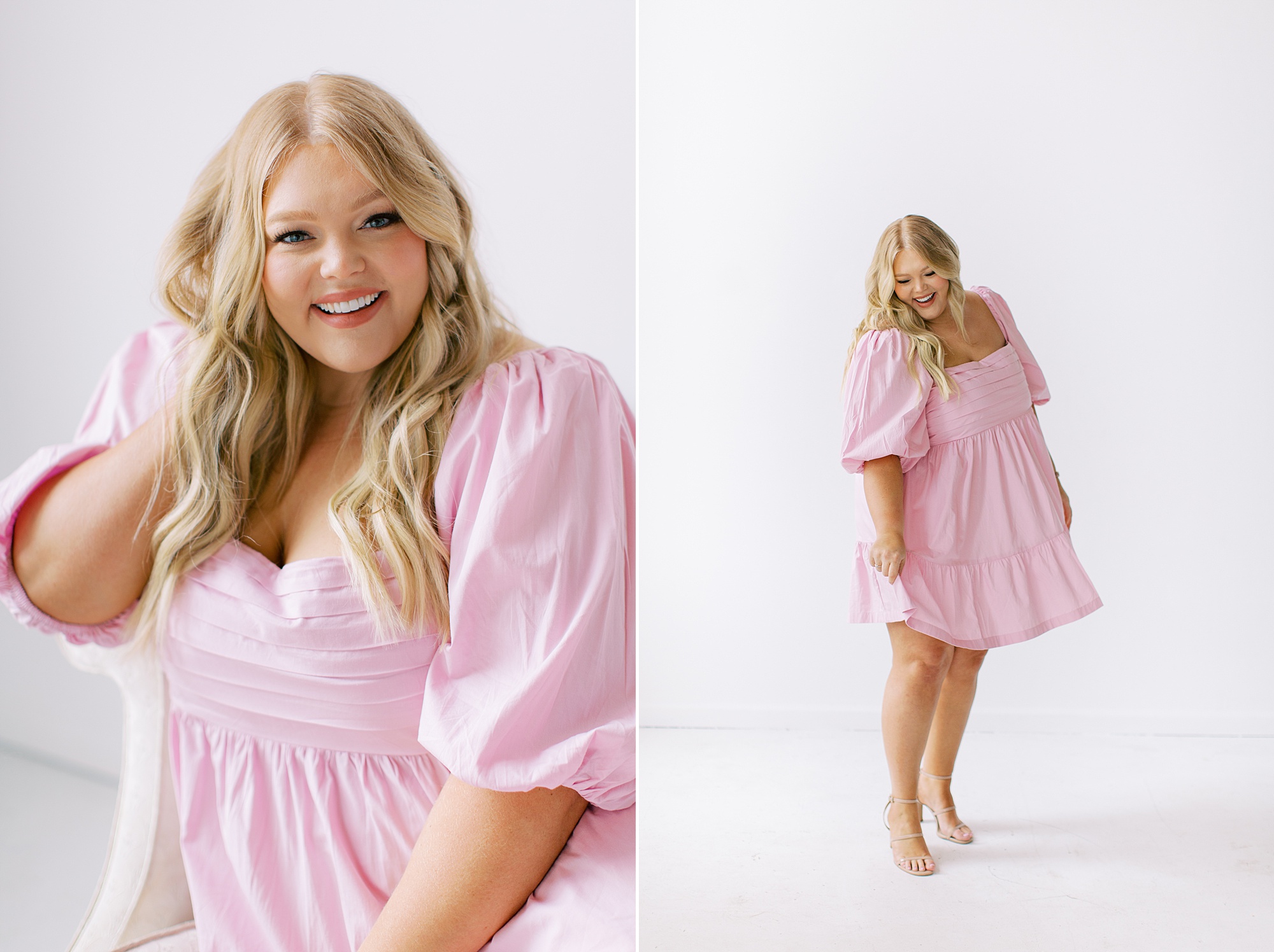 woman poses in pink dress during branding photos