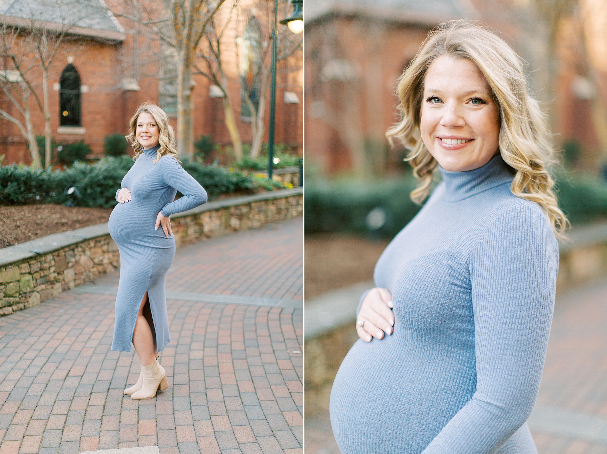 woman poses in blue sweater dress during maternity portraits