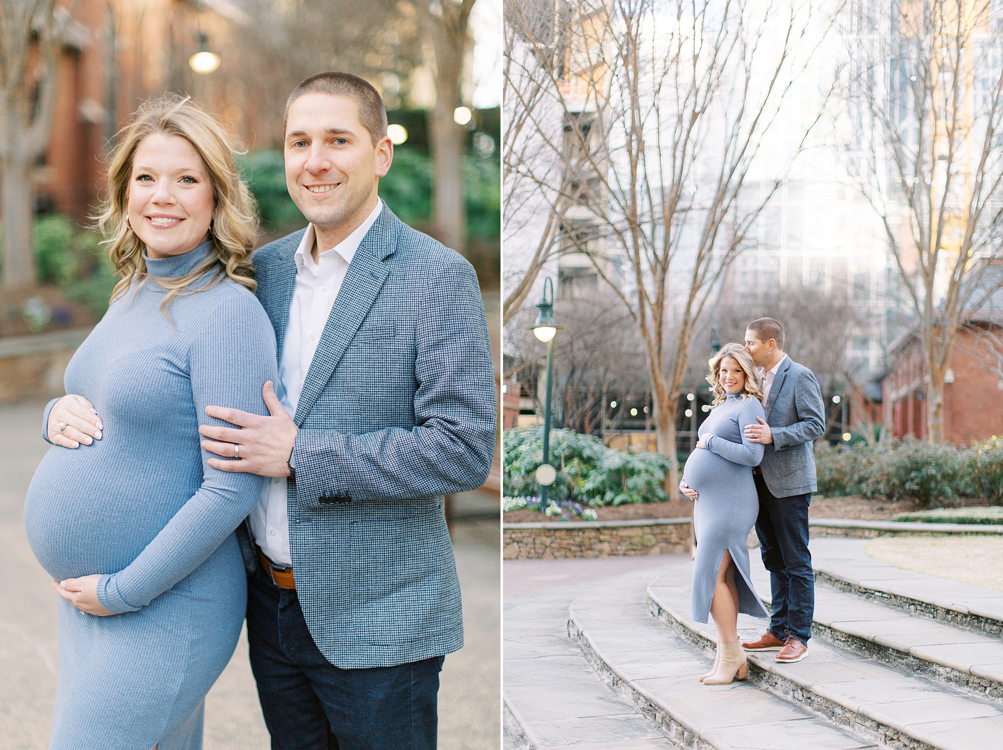 bride and groom stand on steps during Uptown Charlotte maternity session