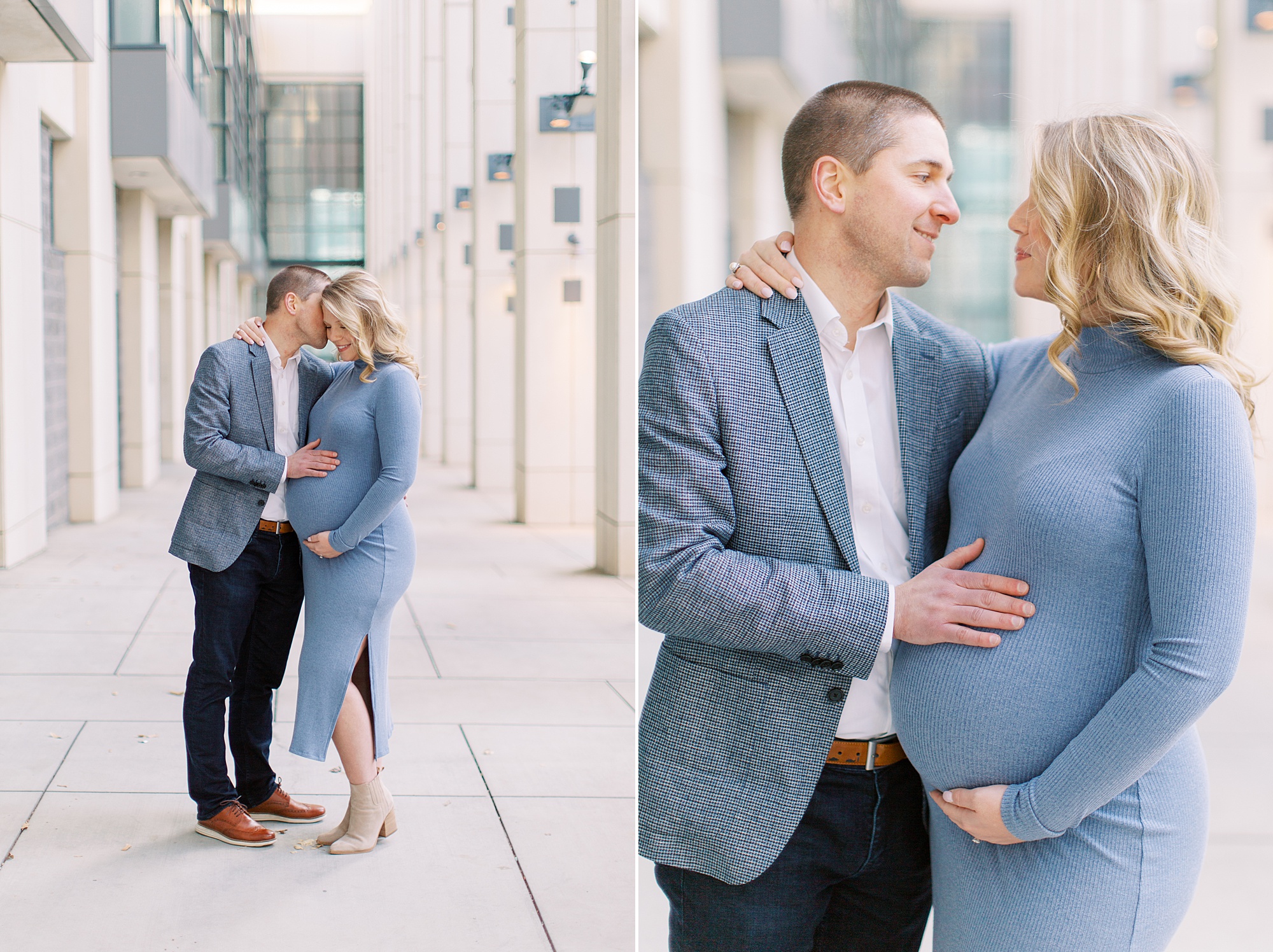 husband and wife hug during maternity photos in Charlotte NC