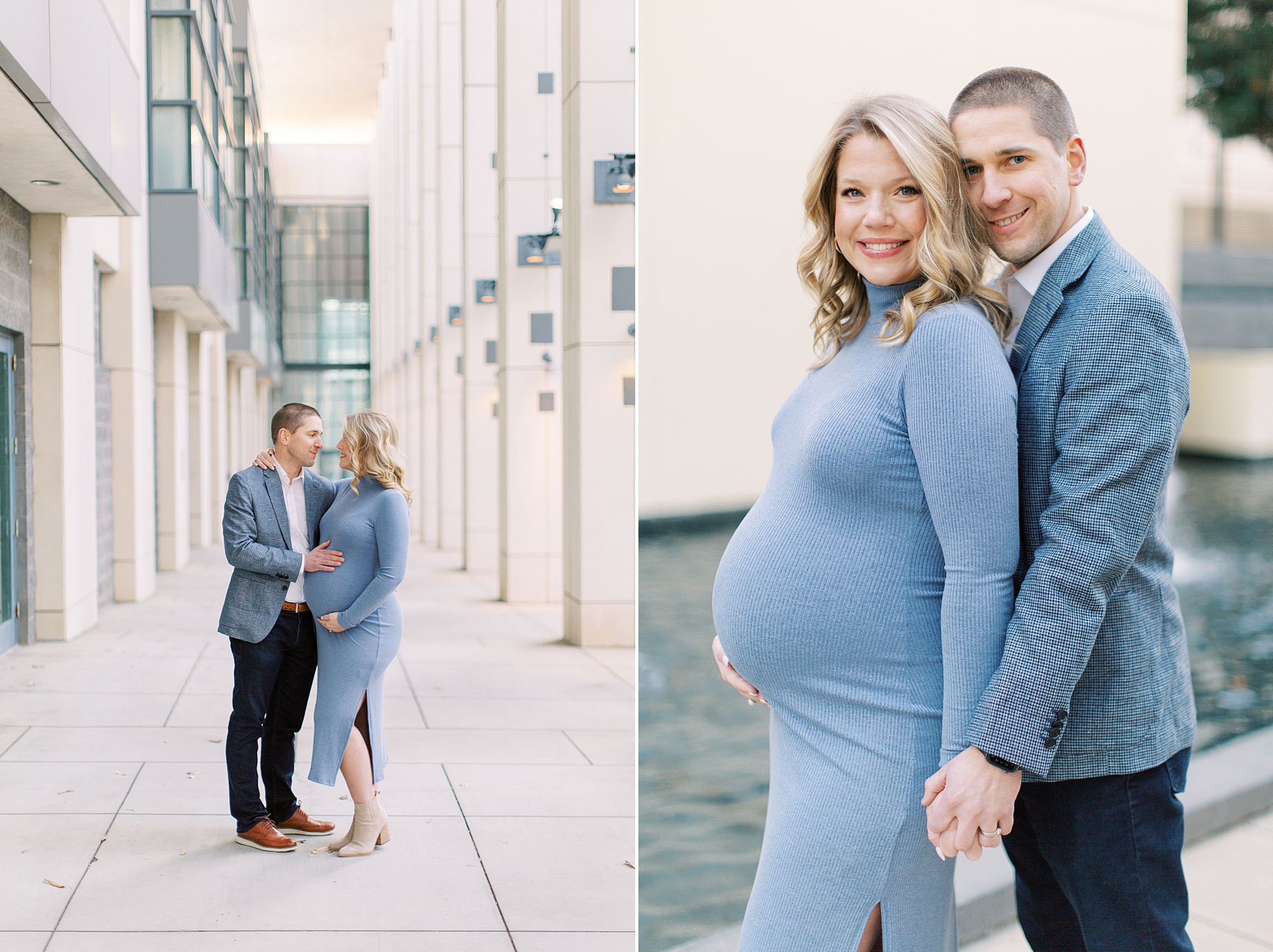 husband and wife hold hands posing during Uptown Charlotte maternity session