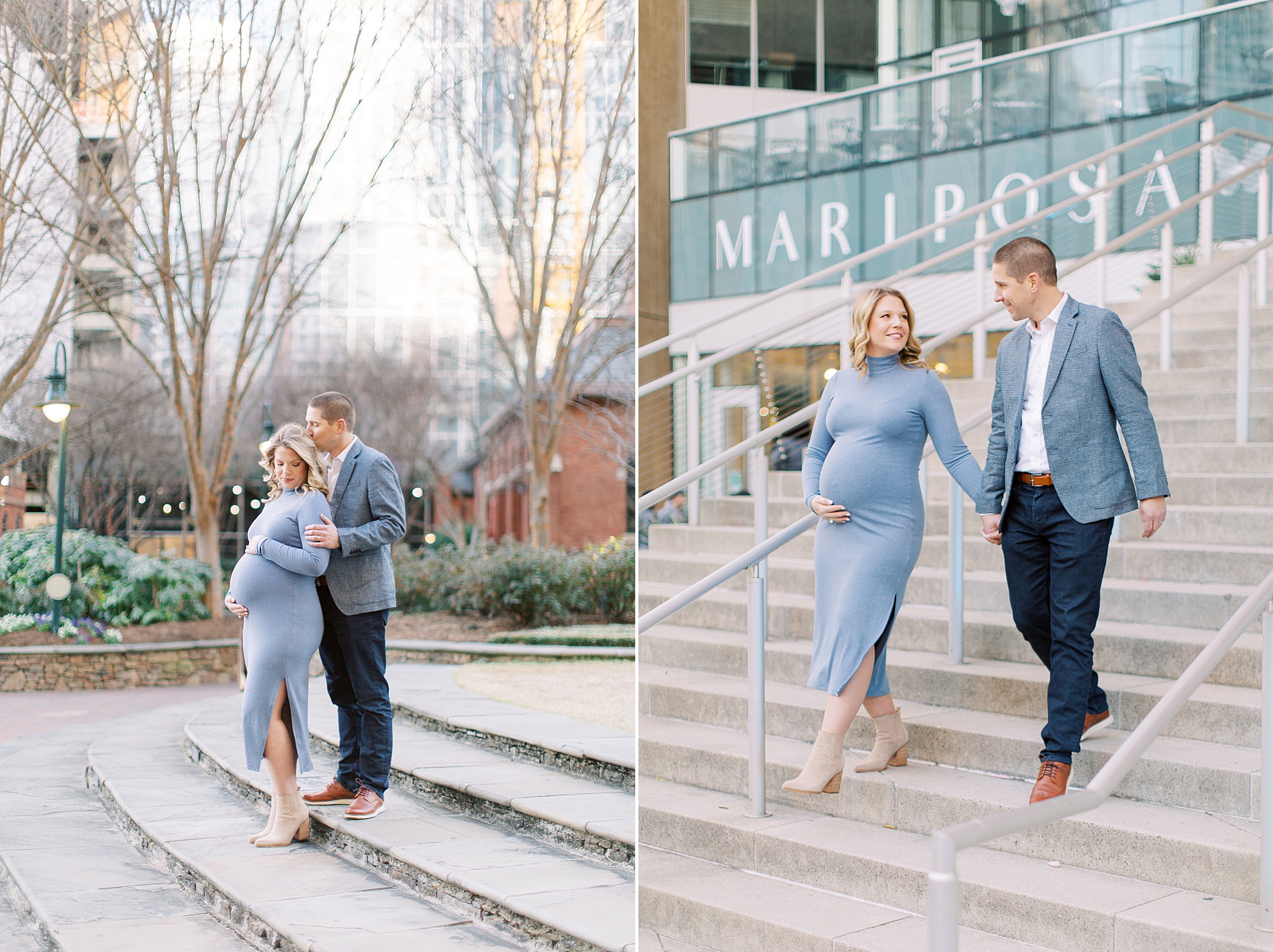 couple walks down steps outside convention center in Charlotte NC