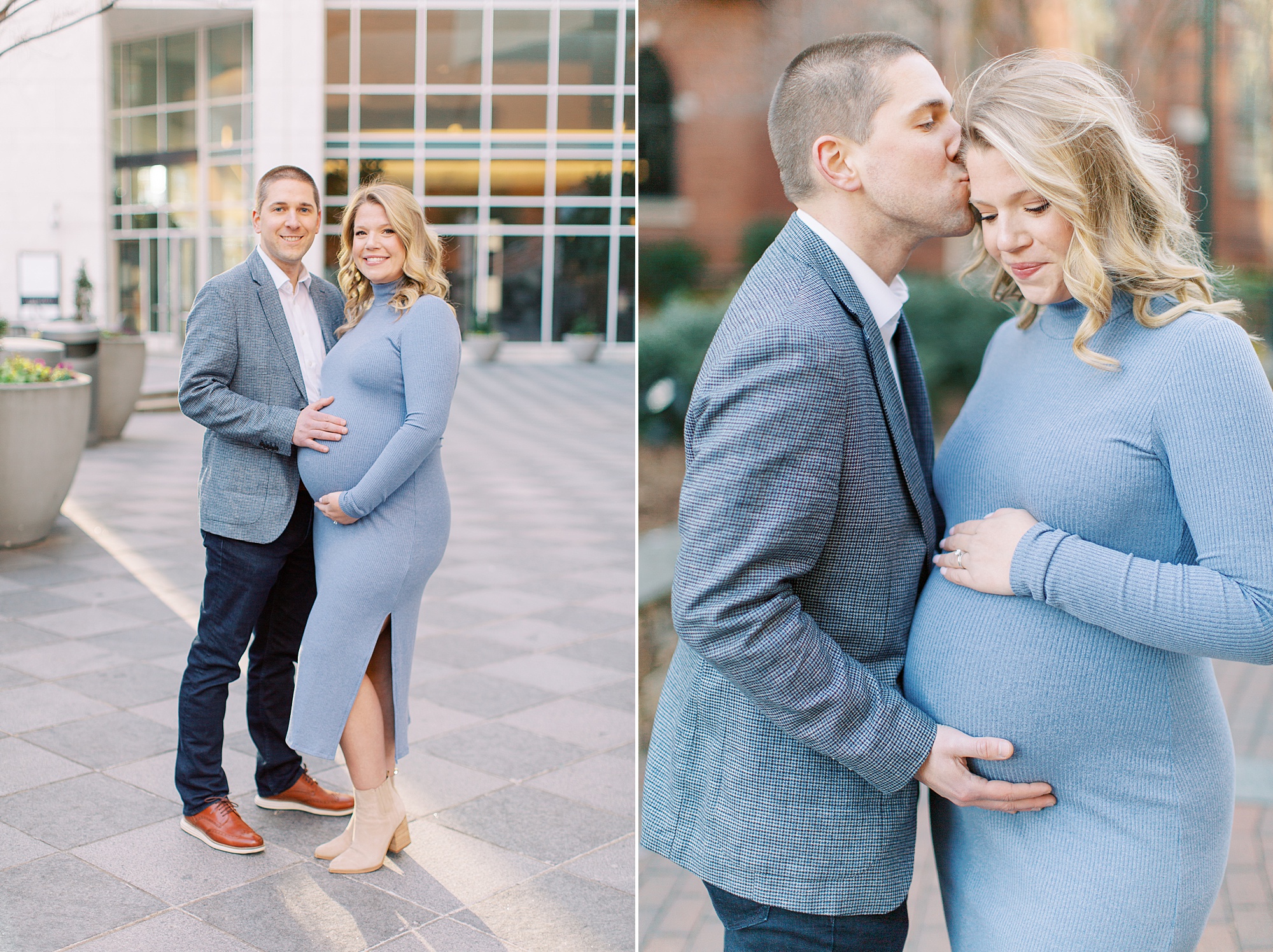 couple holds mom's belly during Uptown Charlotte maternity session