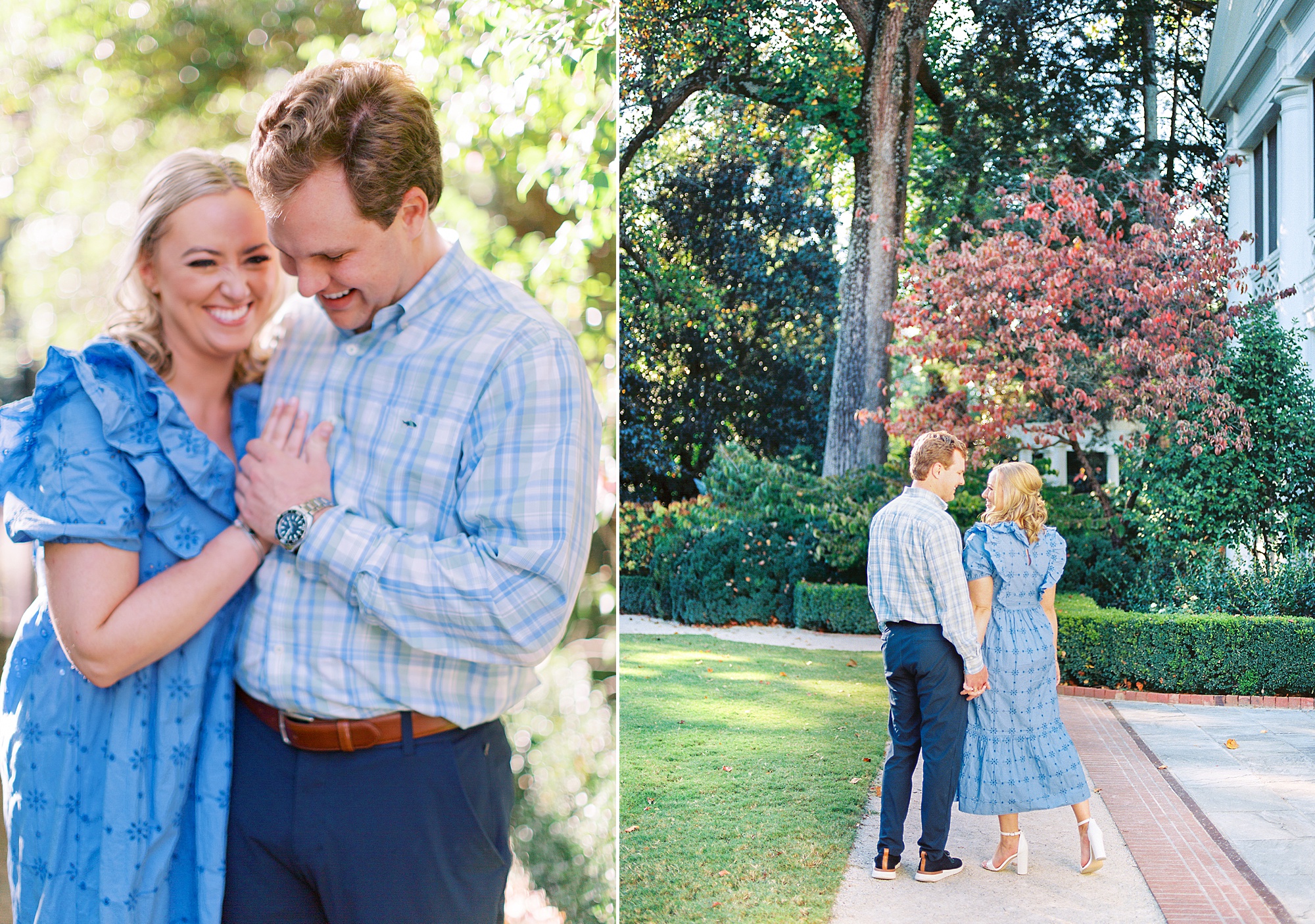 couple walks through gardens during Duke Mansion engagement photos
