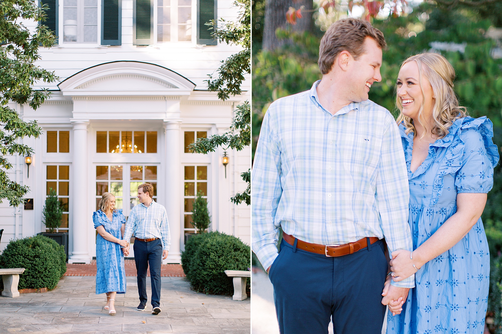 engaged couple holds hands outside white pillars at Duke Mansion