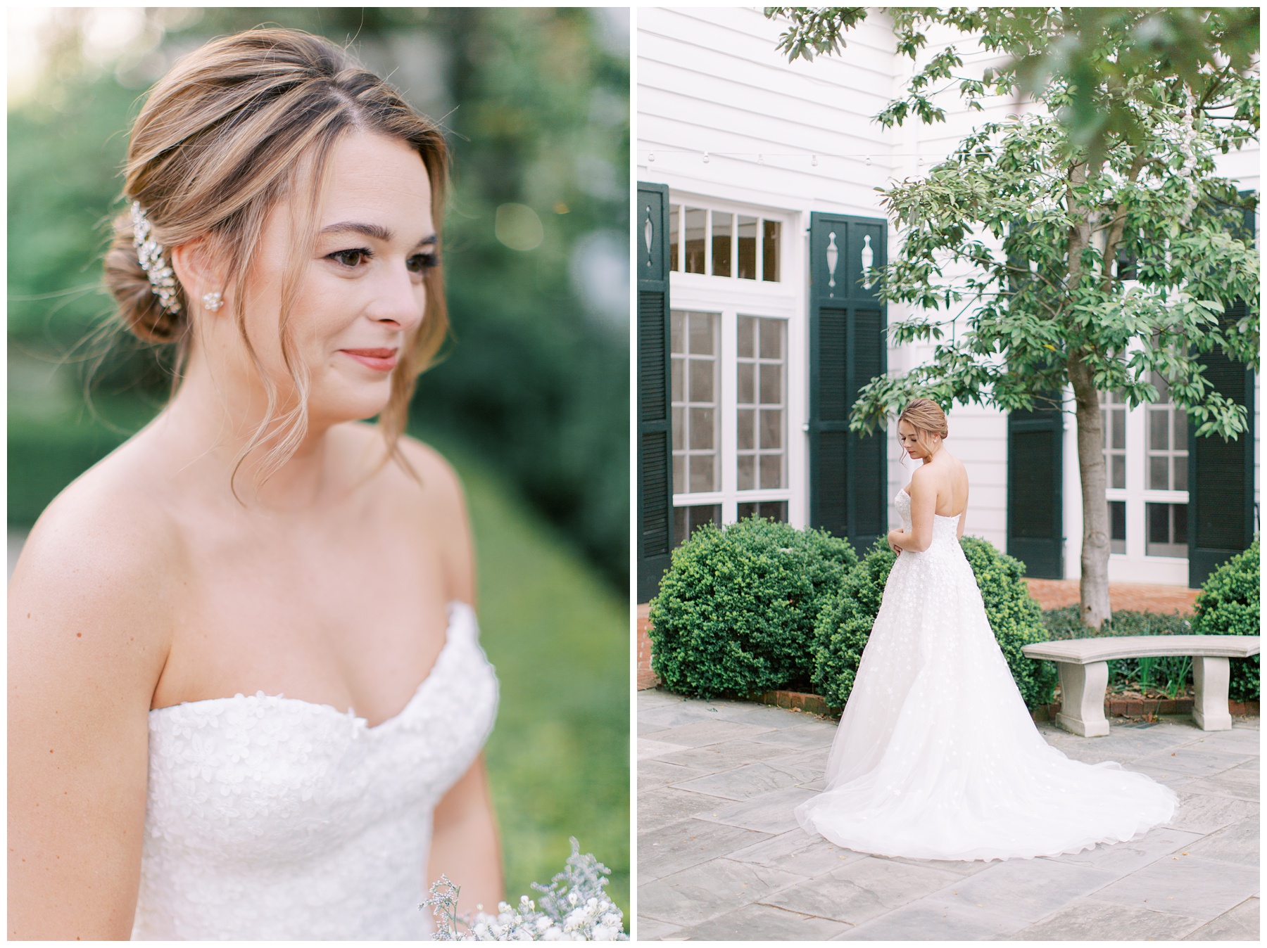 Duke Mansion bridal portraits of bride in strapless gown with updo 