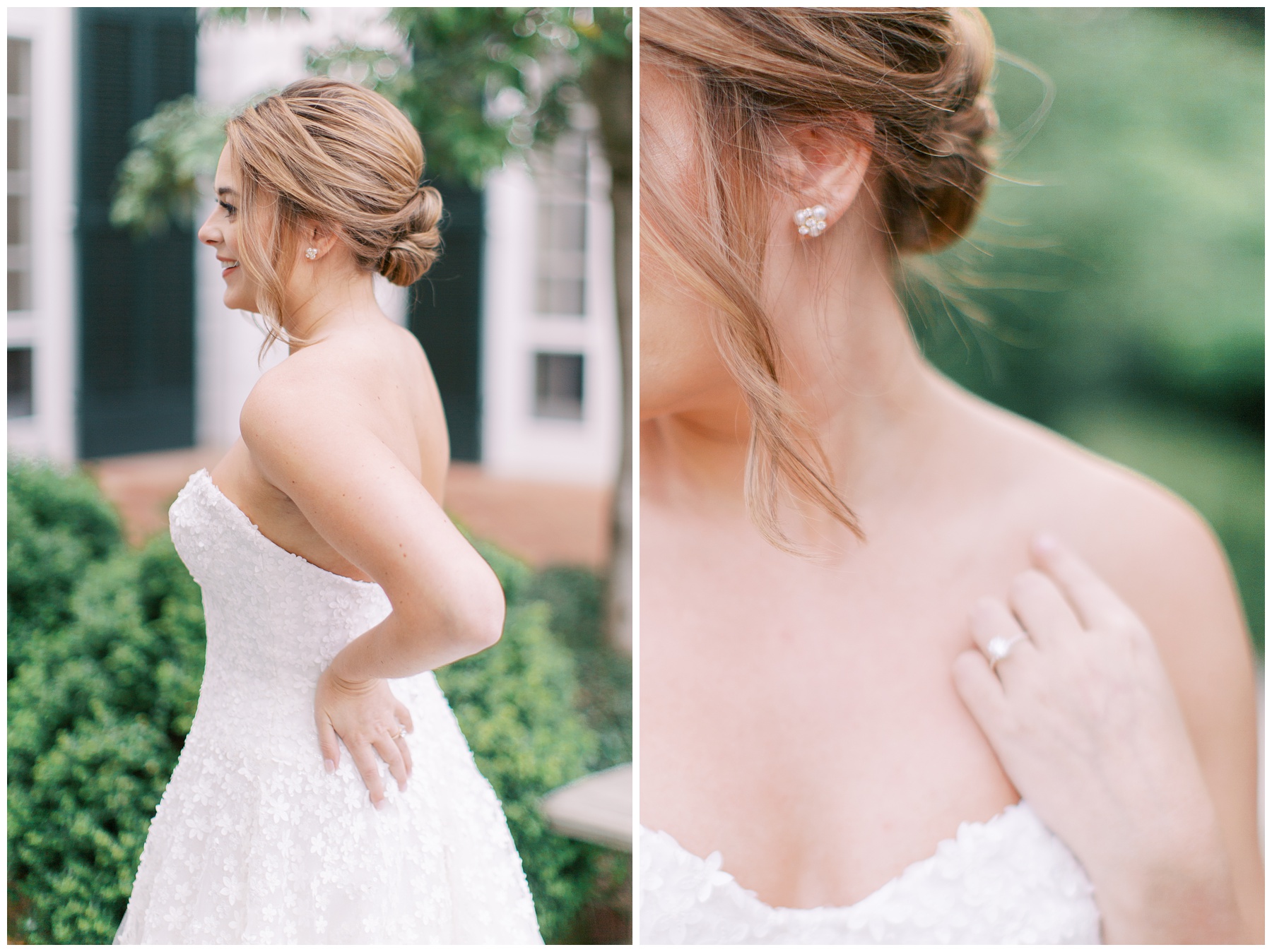 bride poses in strapless gown from Ladies of Lineage during Duke Mansion bridal portraits
