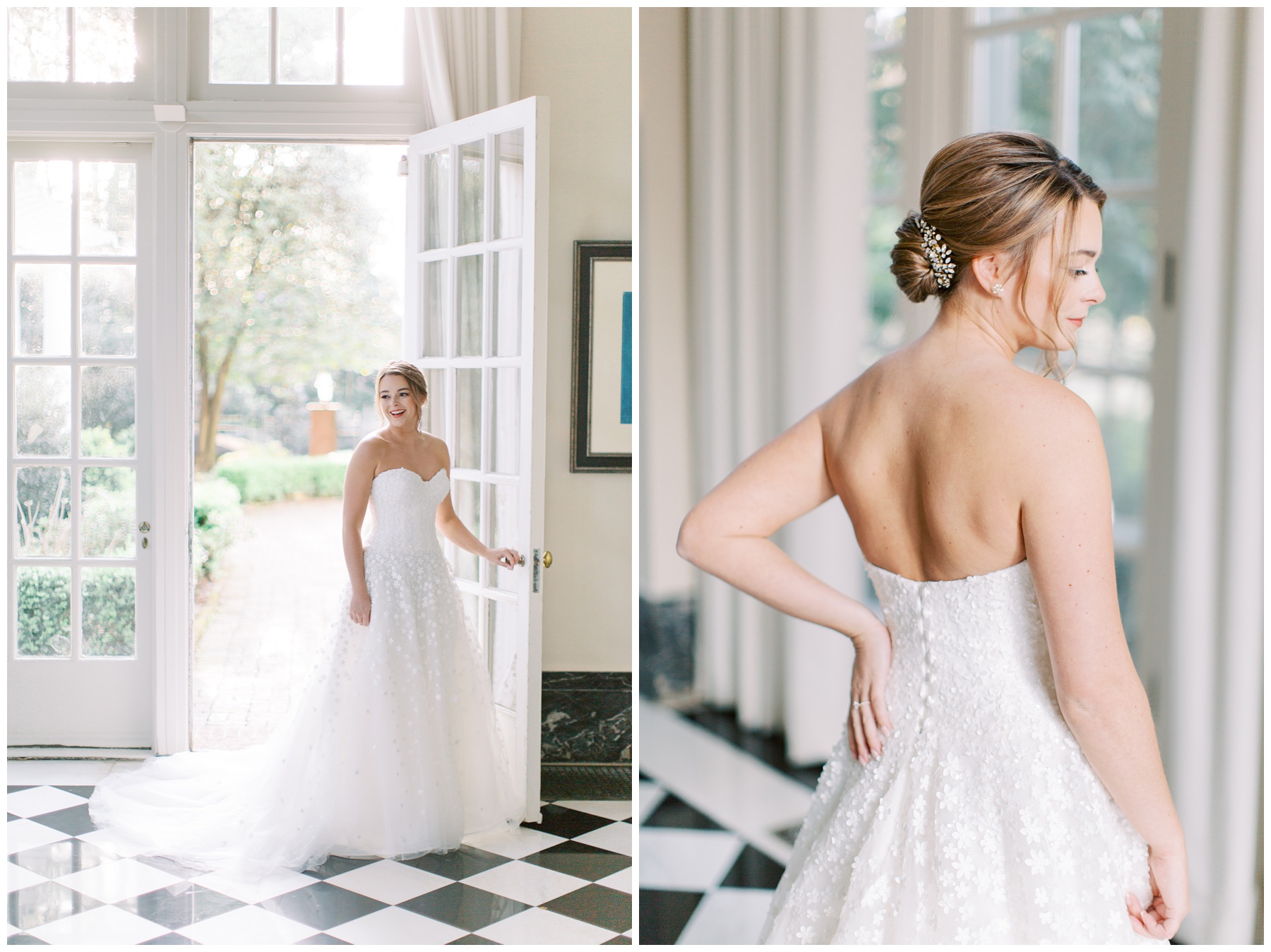 bride walks into Duke Mansion during bridal portraits in strapless gown