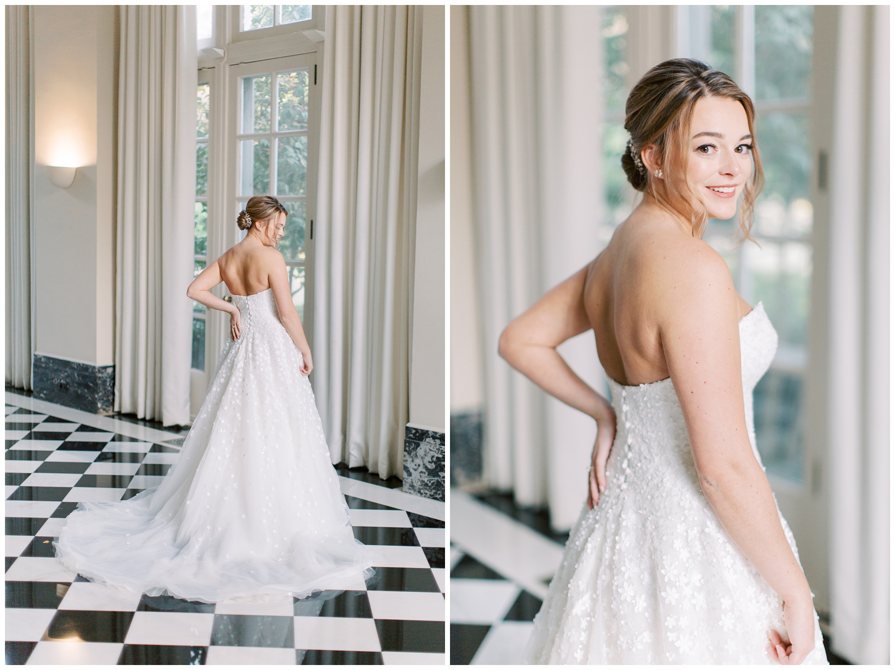 Duke Mansion bridal portraits for bride in strapless Ladies of Lineage gown
