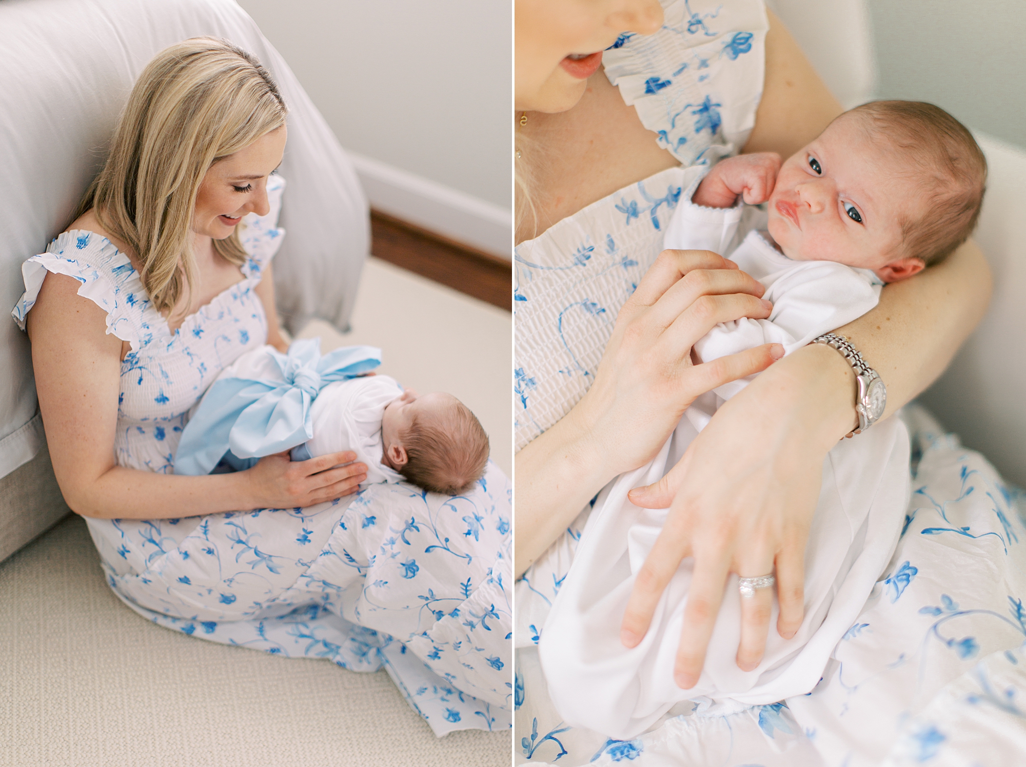 mom holds son in lap during lifestyle newborn session