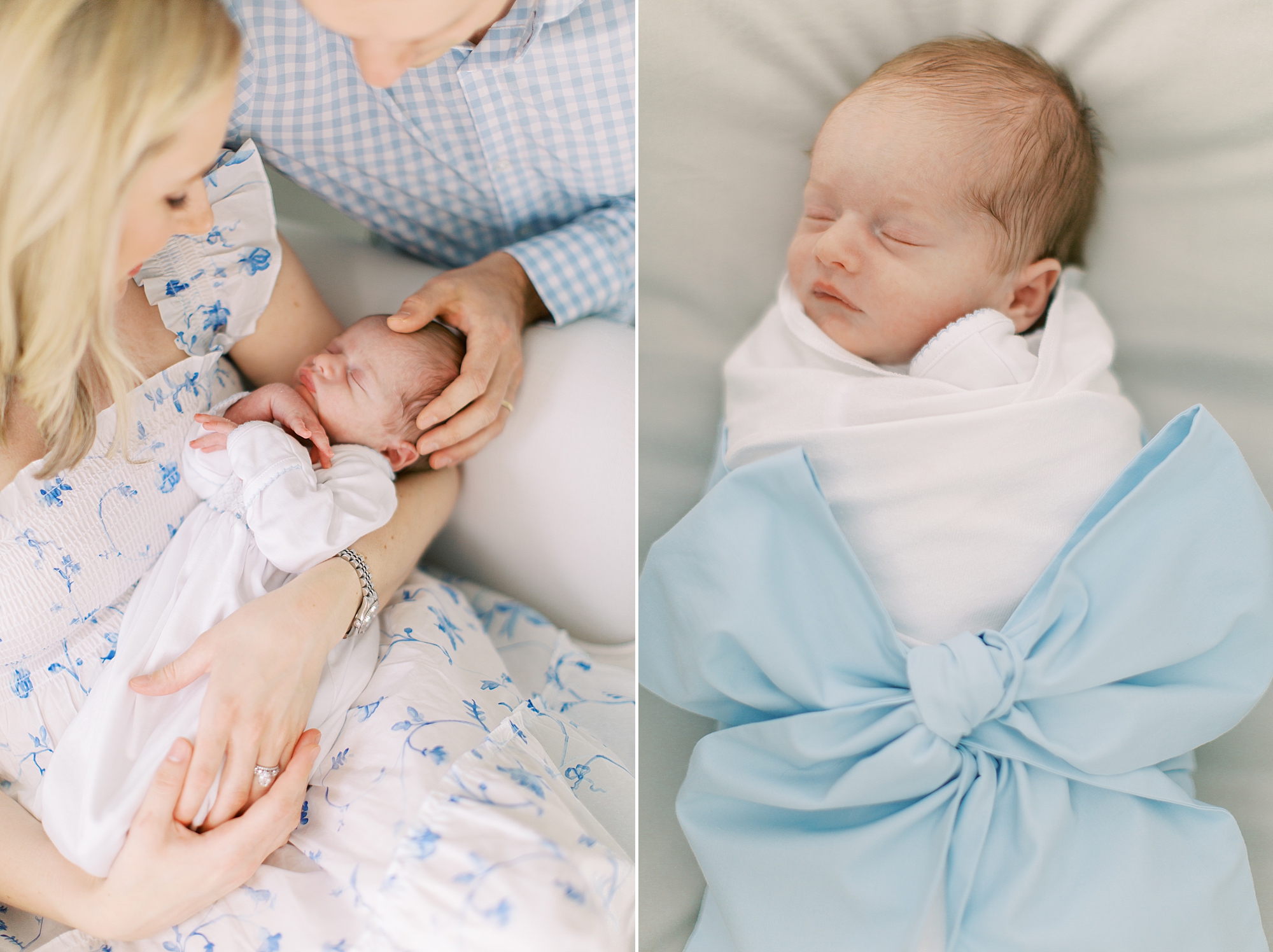 baby sleeps in blue bow during lifestyle newborn session