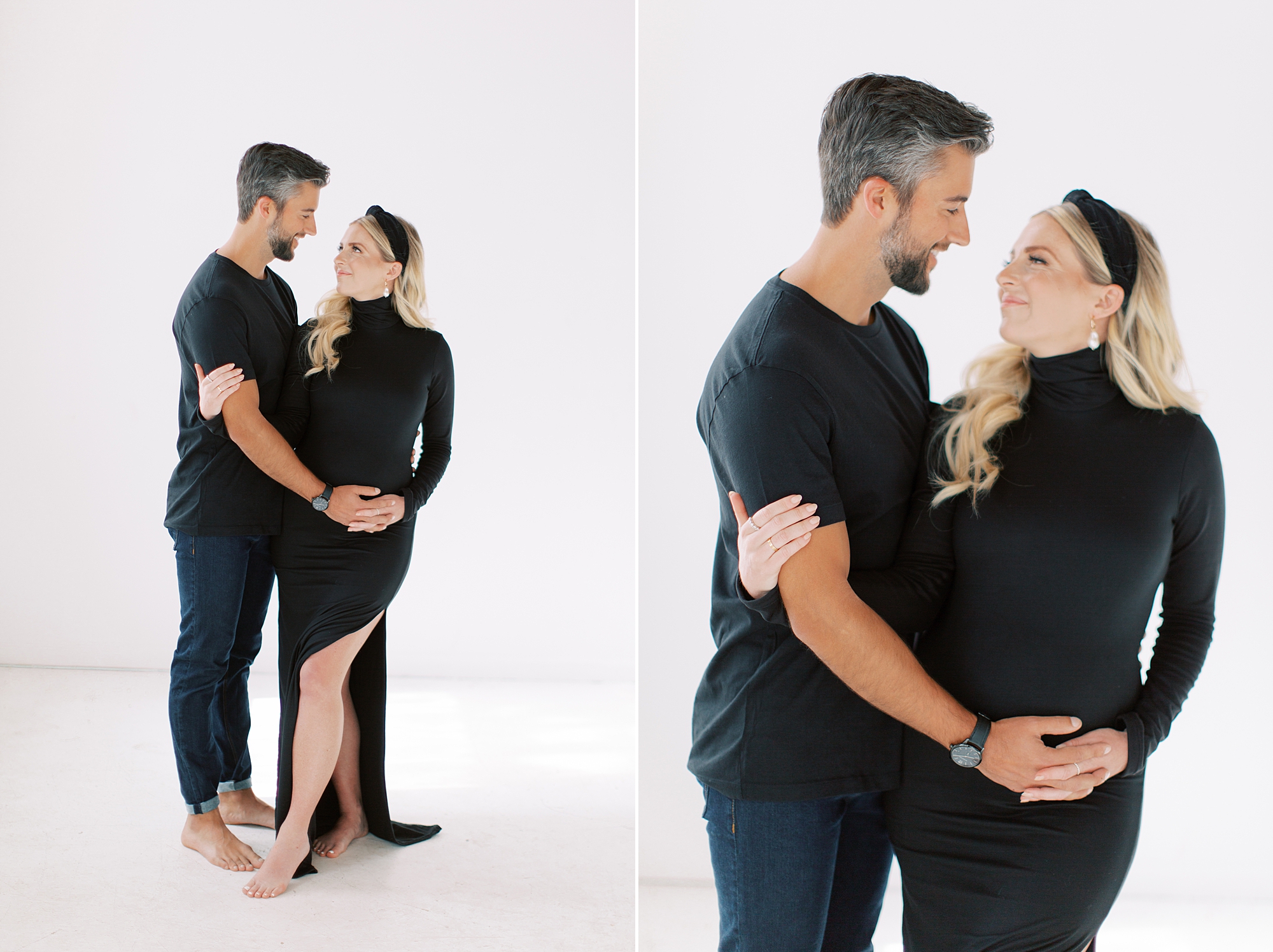 couple hugs in black attire during studio maternity session