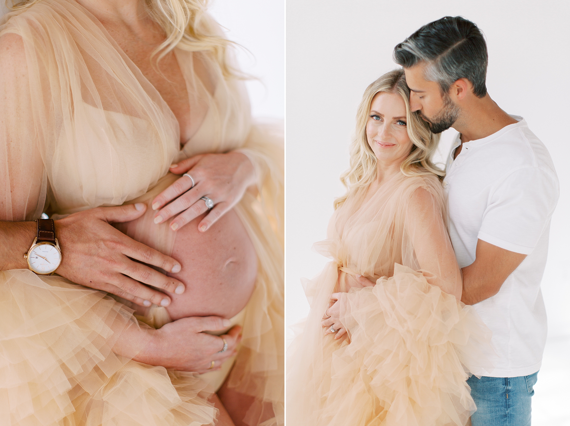 couple hugs in studio during maternity session