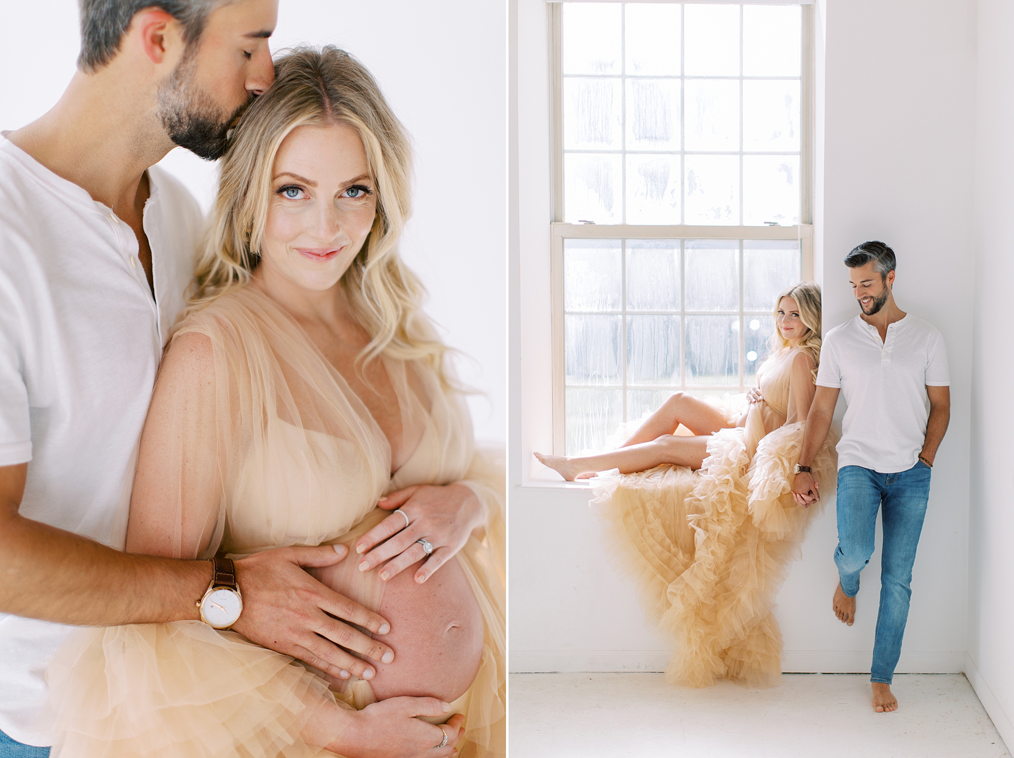 couple sits together on window sill during studio maternity session