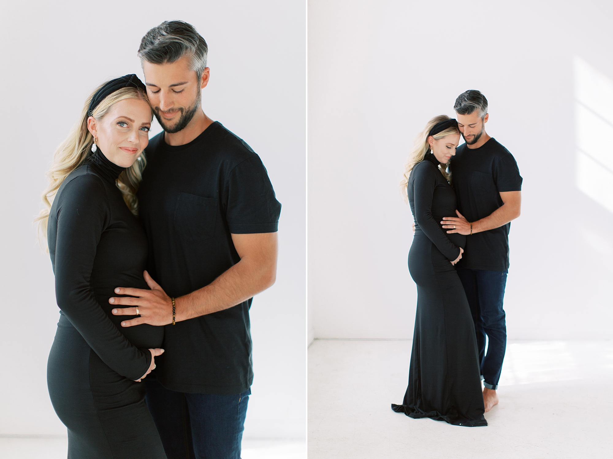 studio maternity session in Charlotte with couple in chic black outfits