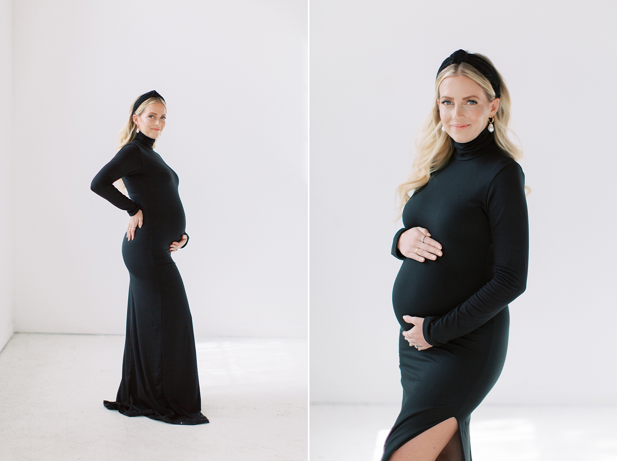 woman holds baby belly black gown during studio maternity session