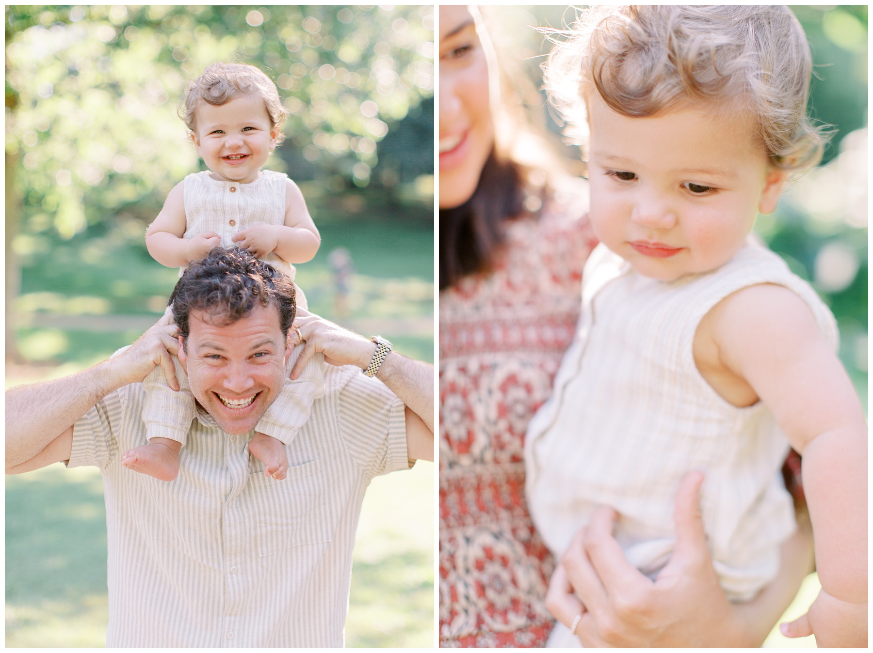 dad puts toddler on his shoulders during family session in Charlotte NC