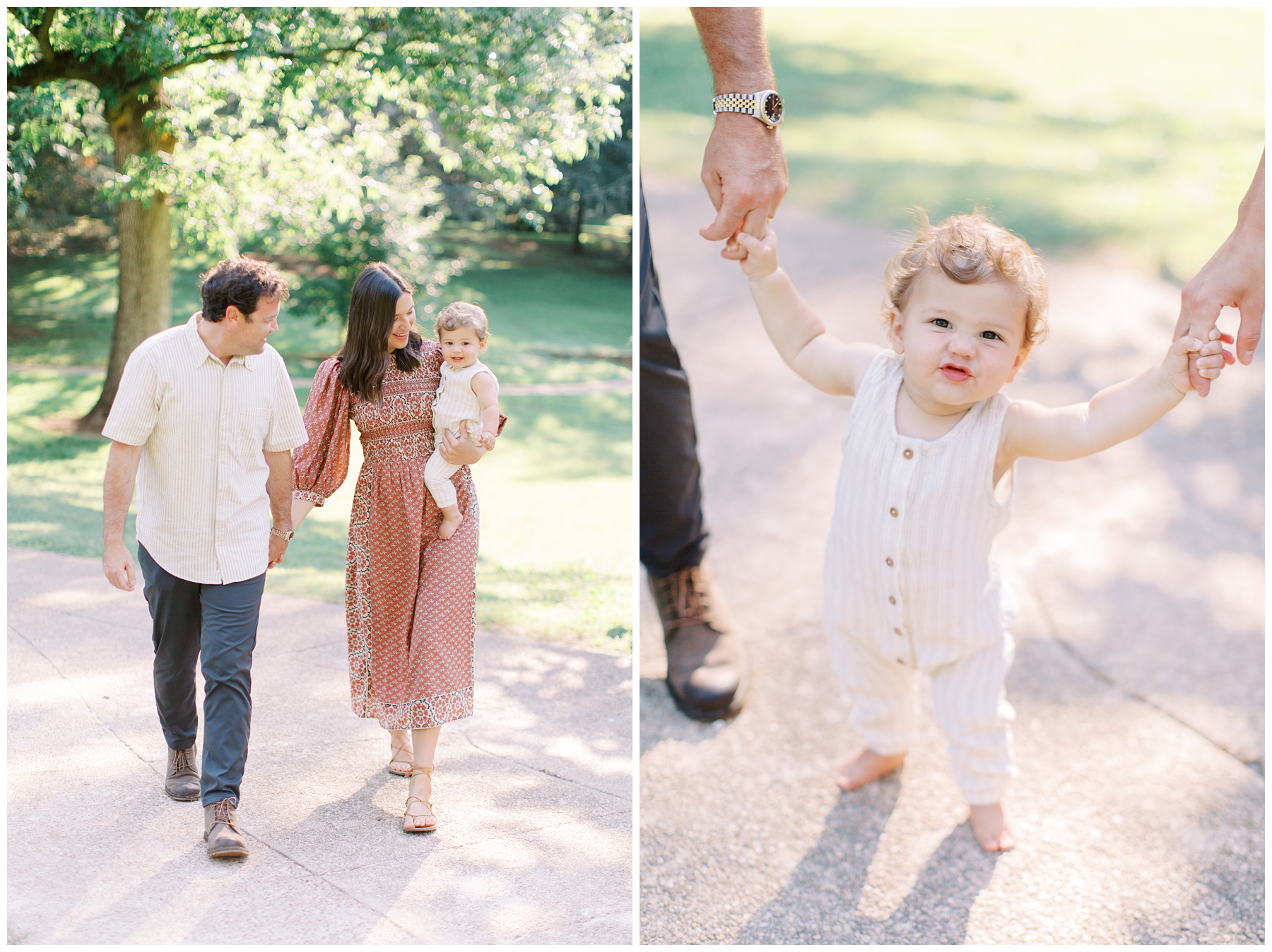 toddler walks with parents during family session in Charlotte NC at Latta Park 
