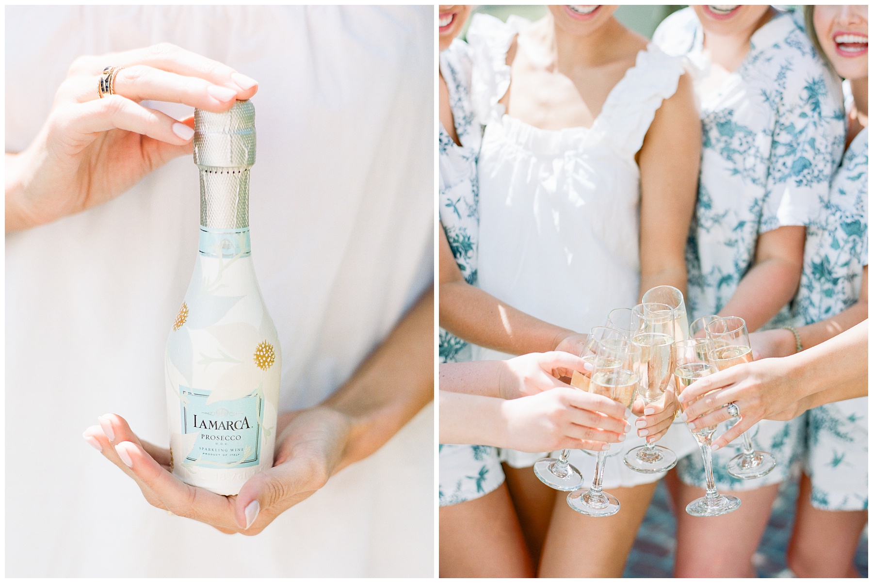 bride and bridesmaids hold champagne glasses during prep for wedding day
