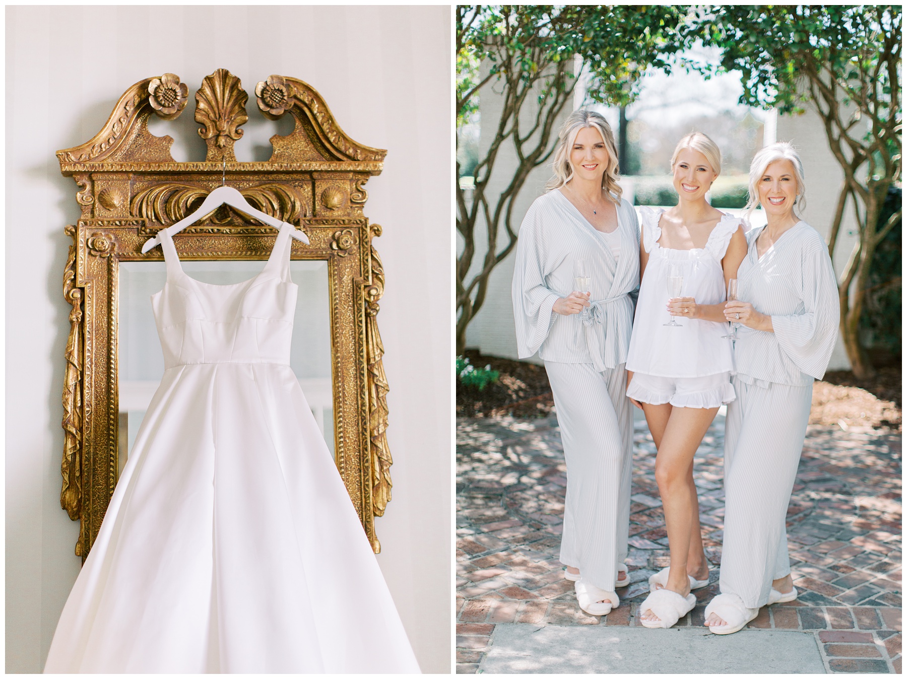 bride poses with mom and grandmother in matching pajamas 