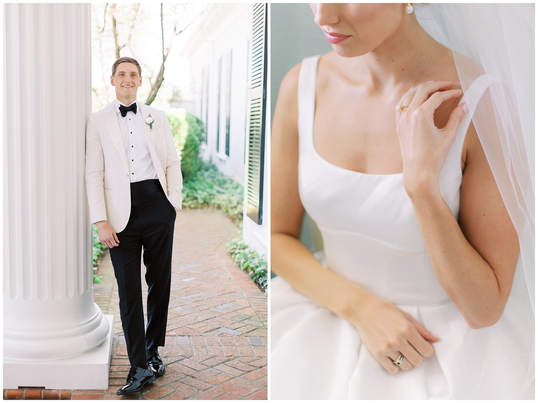 groom leans against column in white tux jacket during portraits at Quail Hollow Club