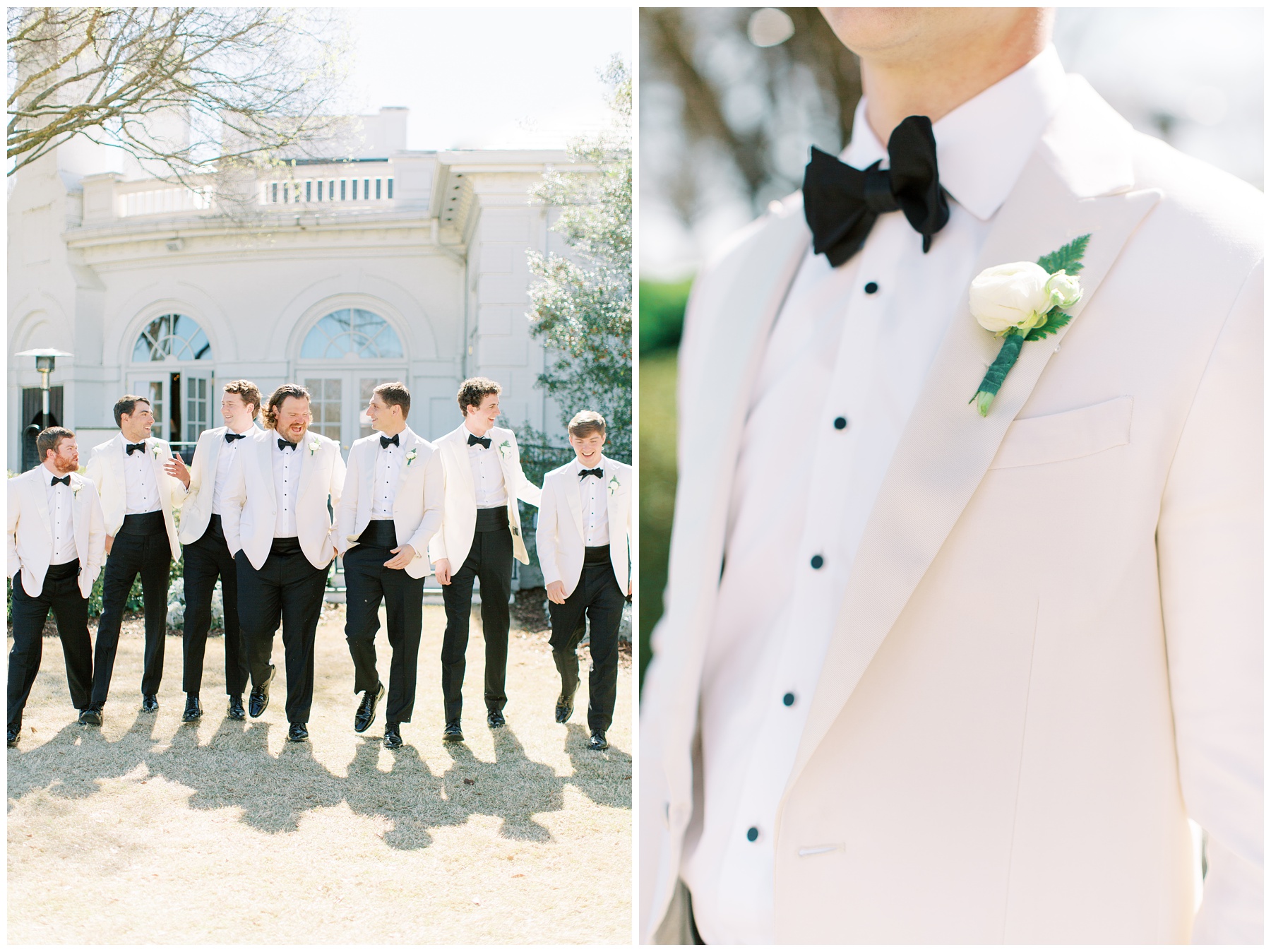 groom's classic white tux jacket with white boutonniere and black bowtie for classic Quail Hollow Club wedding