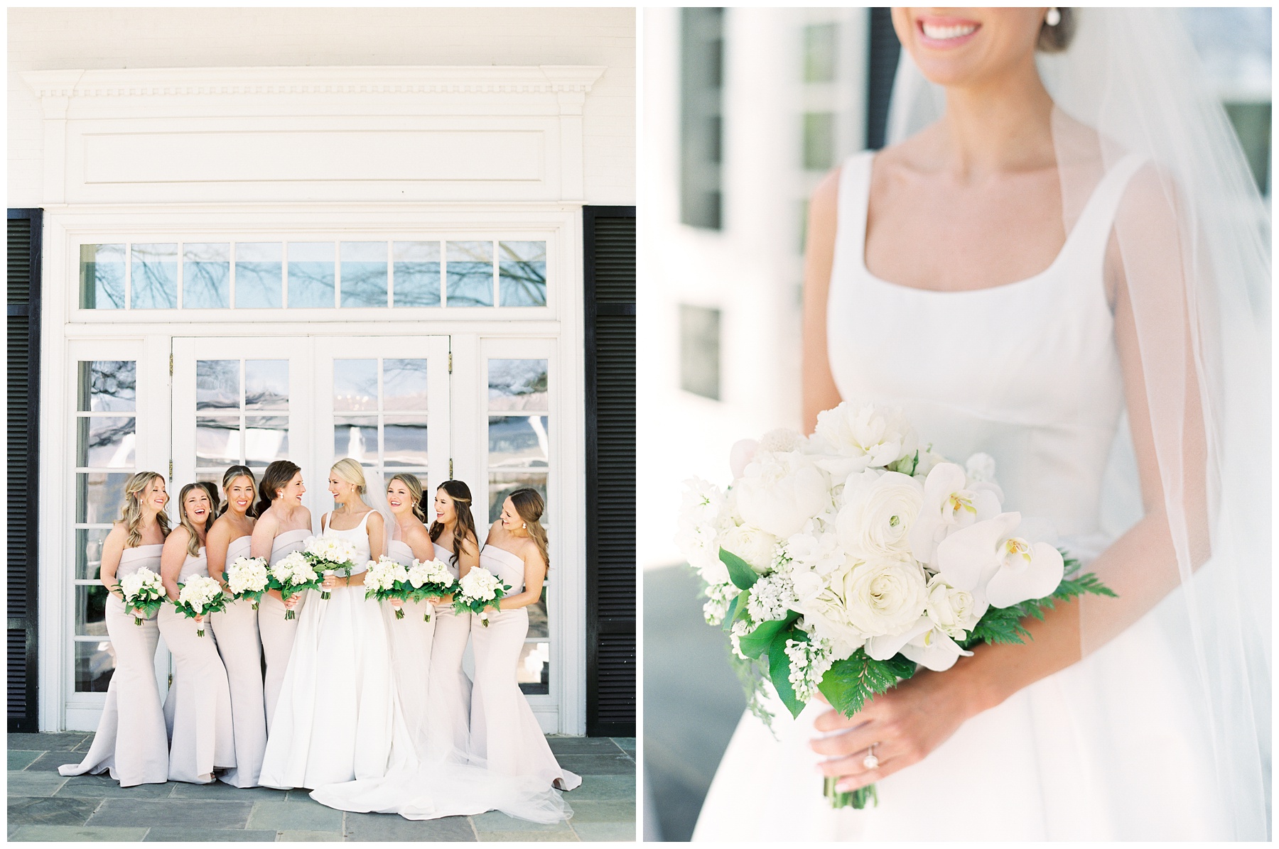 bride stands with bridesmaids in strapless grey gown with all-white bouquet outside Quail Hollow Club