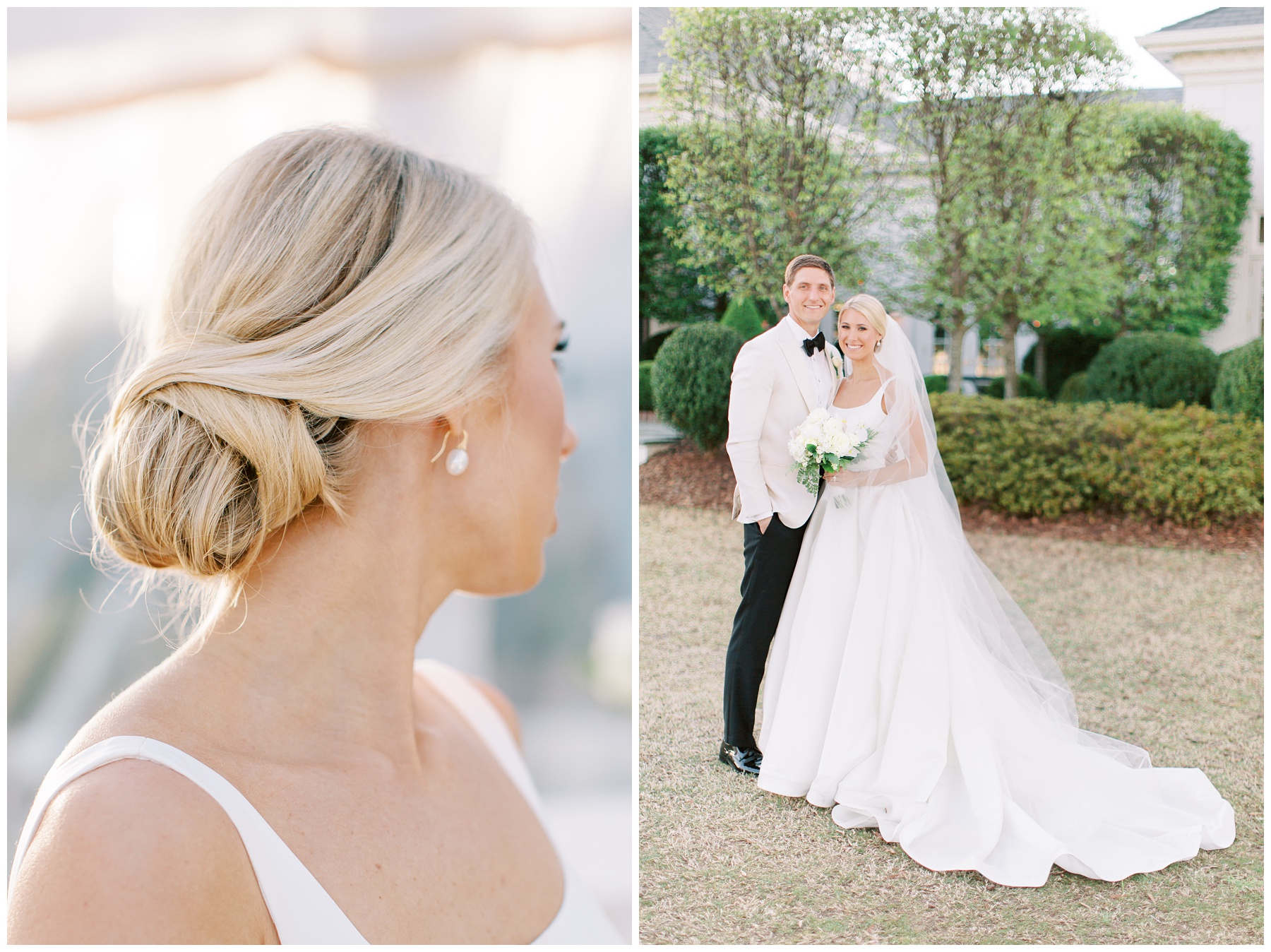 bride's classic knot updo for wedding day at Quail Hollow Club