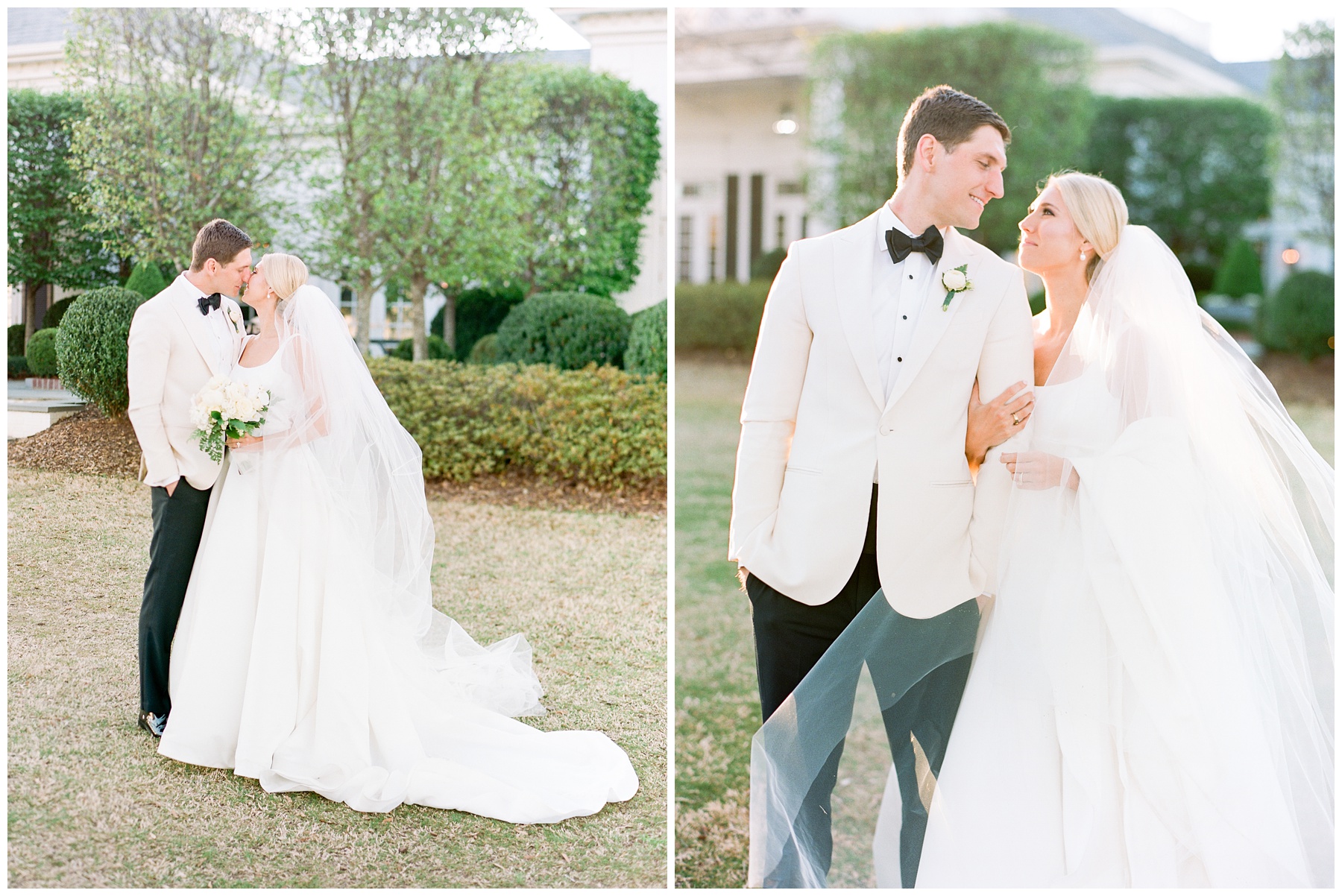 bride and groom kiss on lawn of Quail Hollow Club