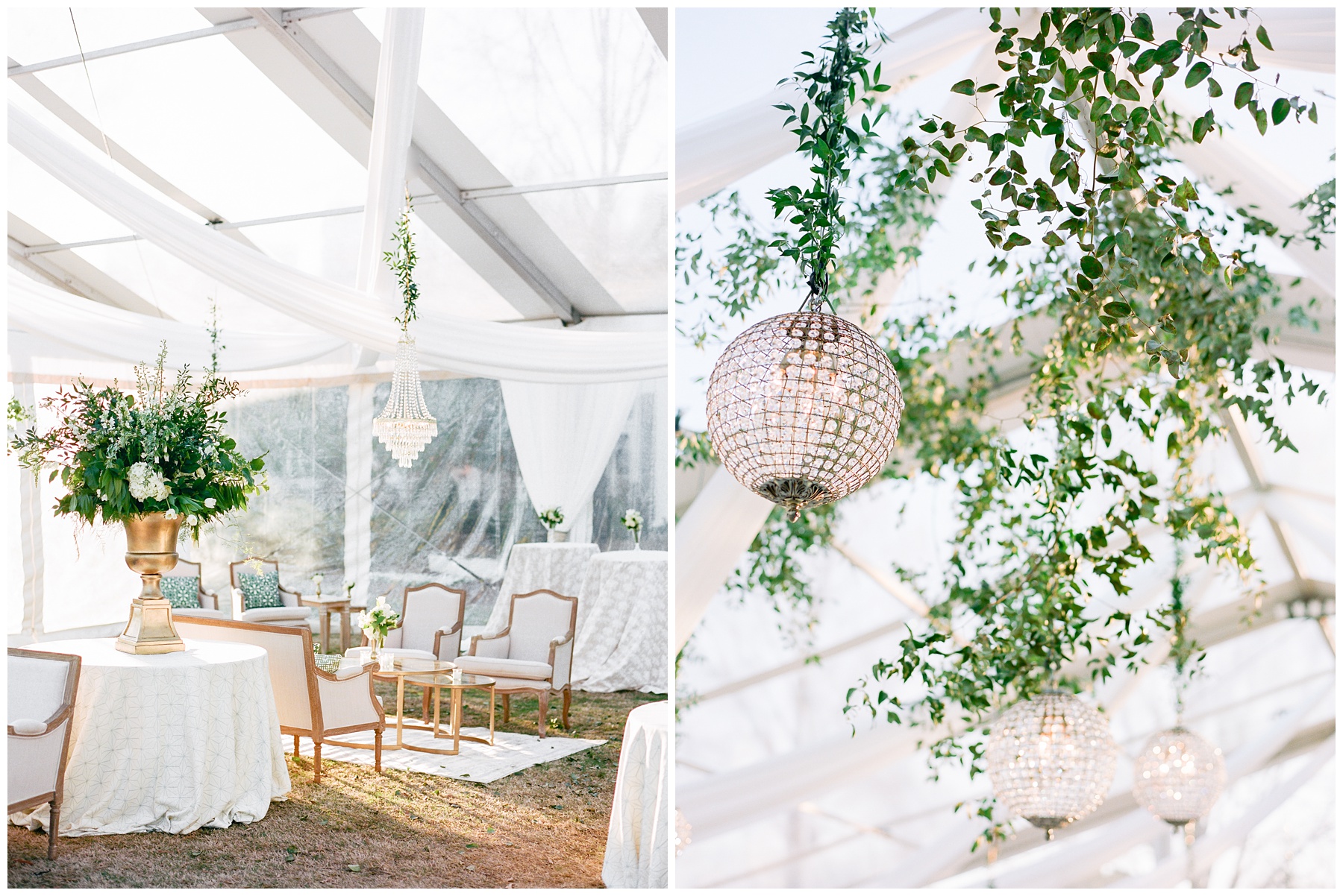 Quail Hollow Club wedding reception in tent with hanging chandeliers and greenery vines