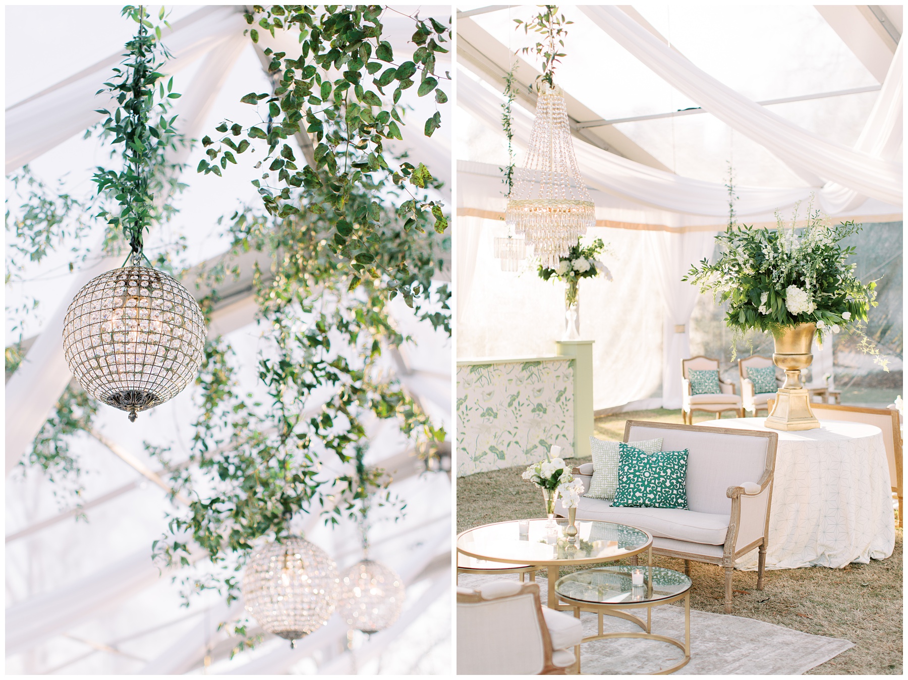tented wedding reception with hanging chandeliers and green vines at Quail Hollow Club