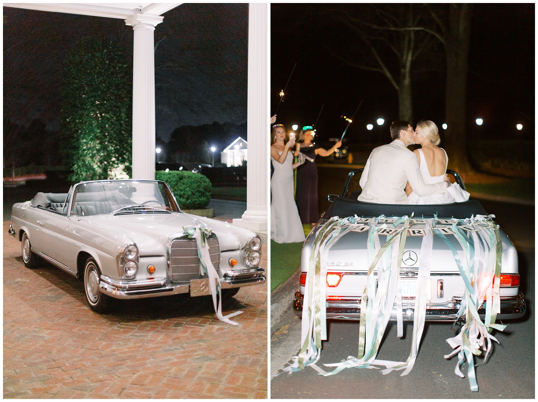 bride and groom kiss in back of convertible leaving Quail Hollow Club