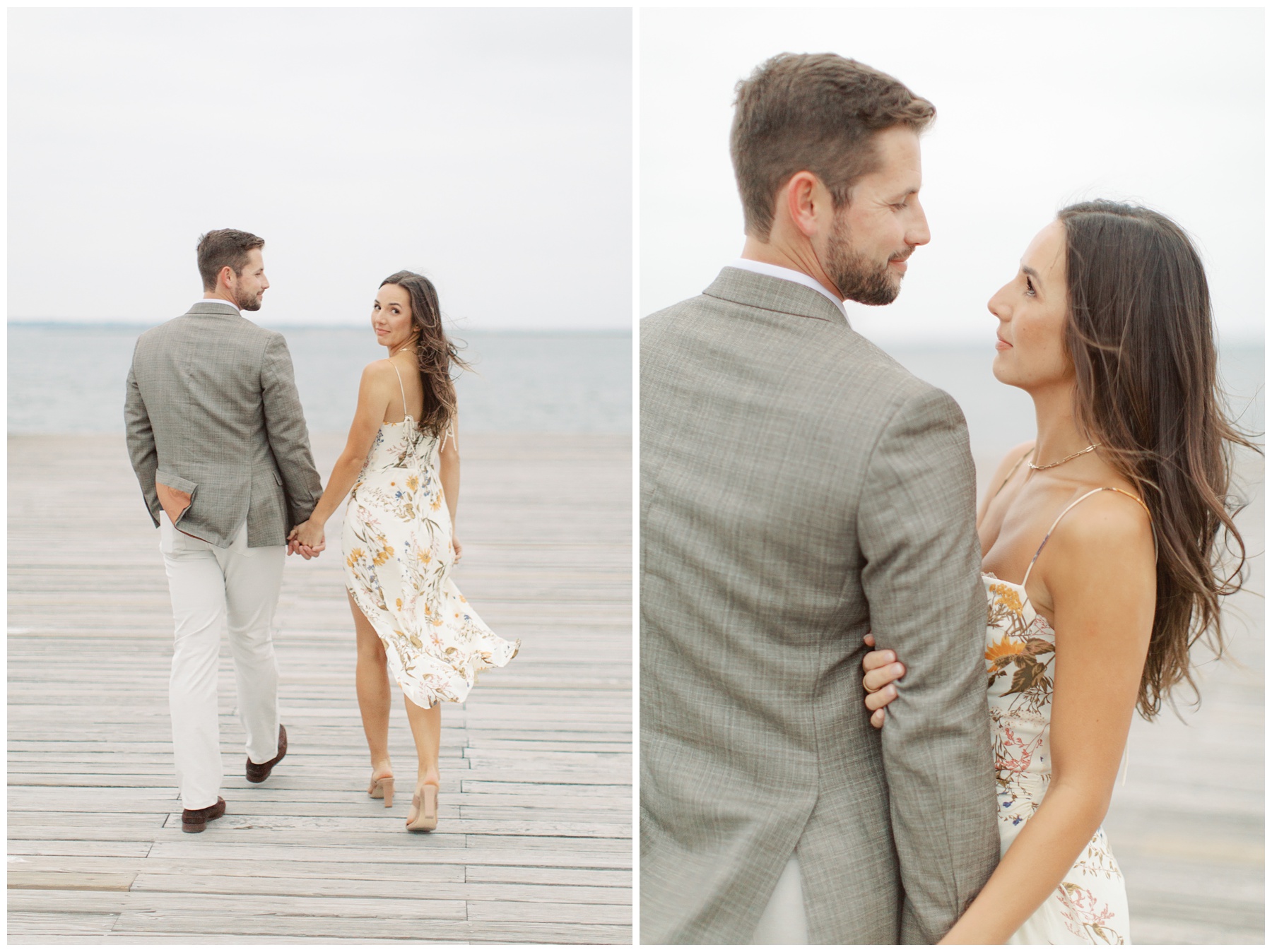 bride and groom hold hands on windy day walking on wooden dock 