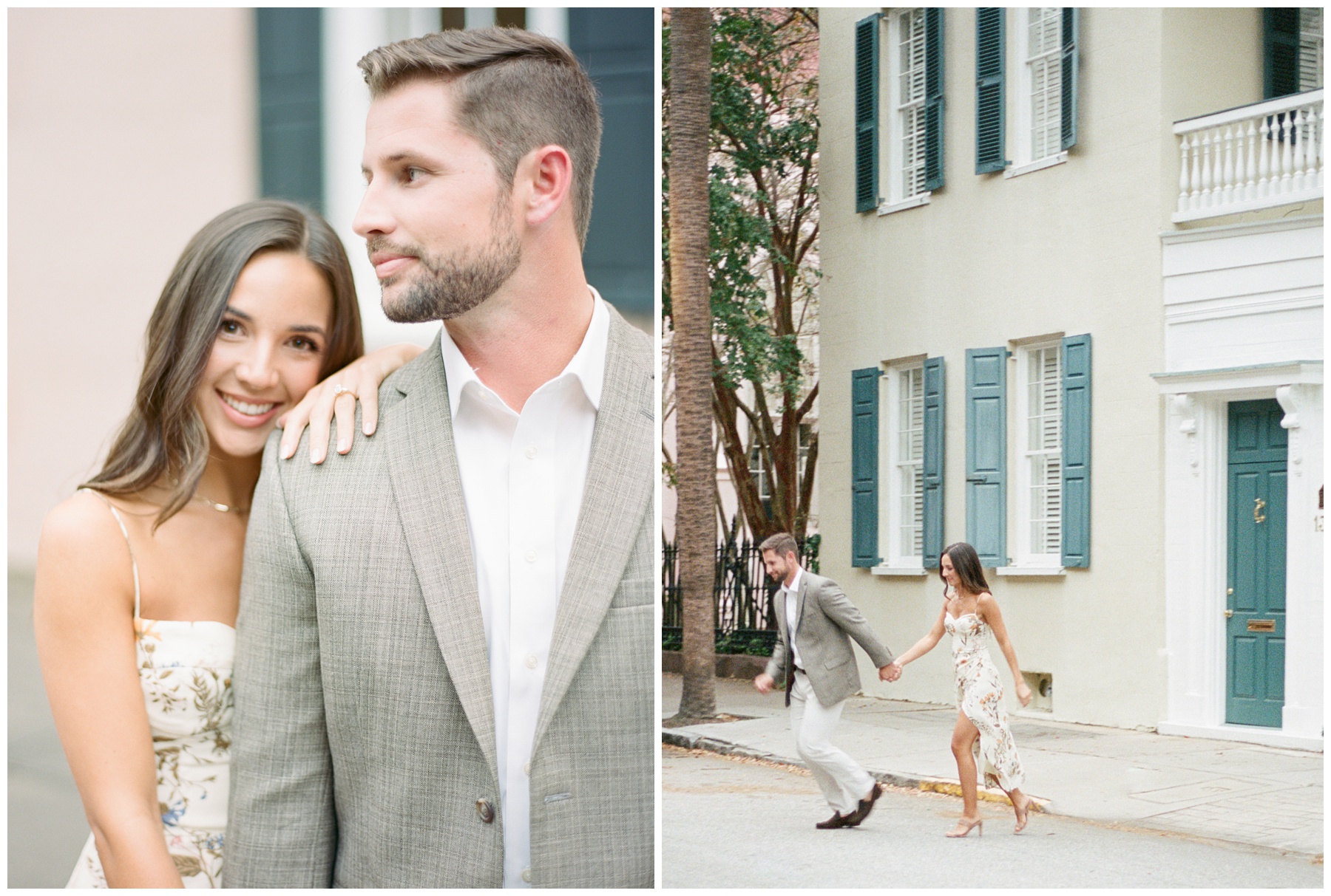 bride smiles standing behind groom laying hand on his shoulder in Downtown Charleston