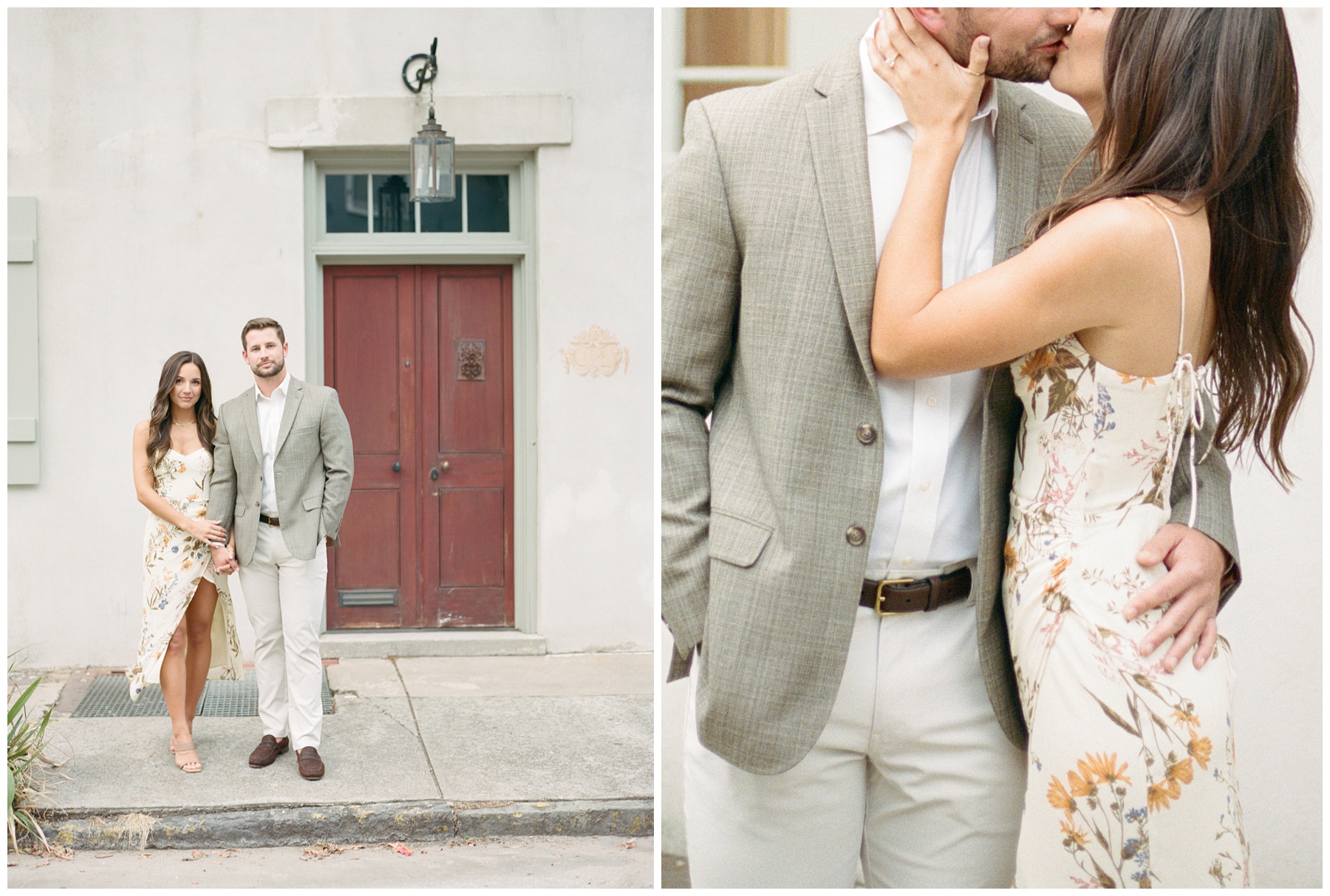 groom holds bride's hand standing in front of tan building in Downtown Charleston