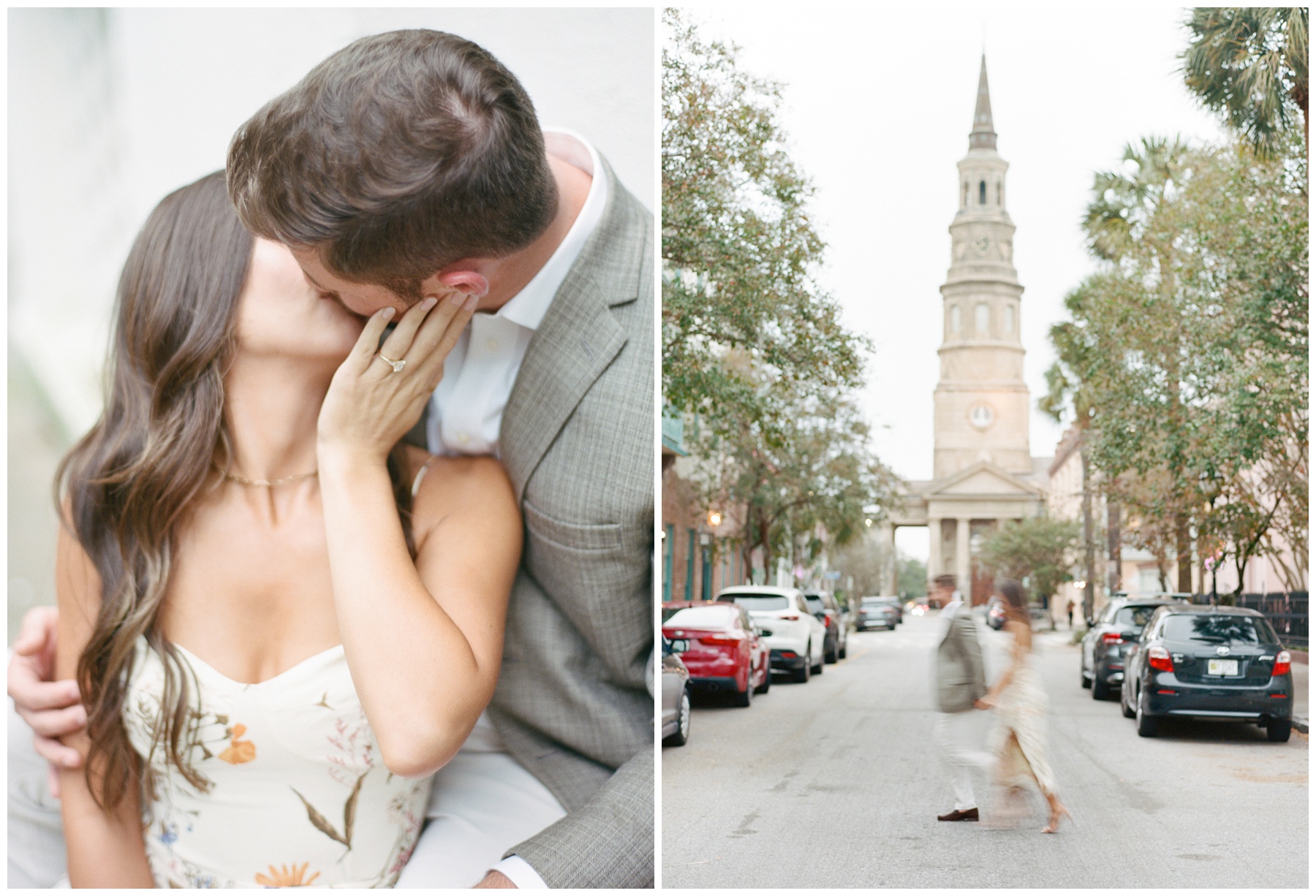 blurred photo of bride and groom holding hands walking across street in Downtown Charleston during engagement photos 