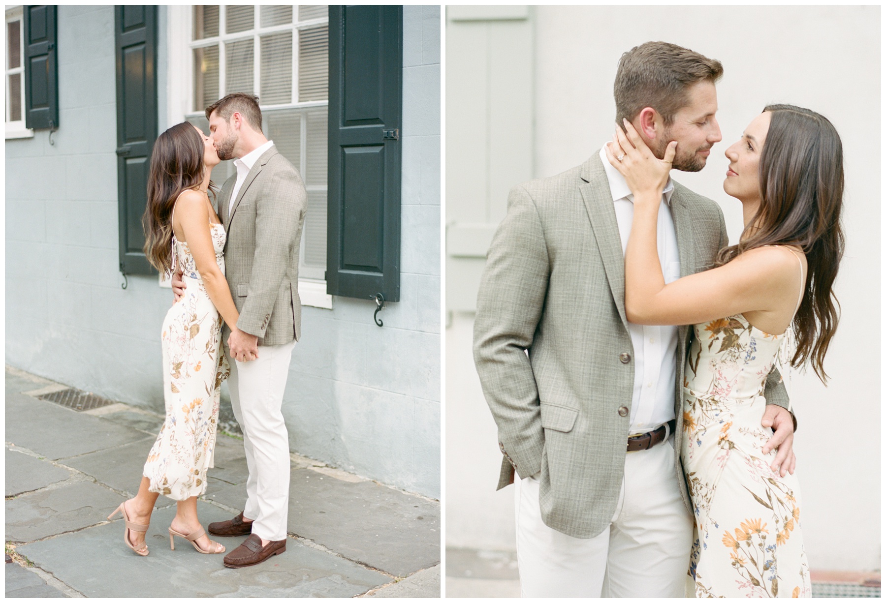 groom leans to kiss bride holding her hand in front of blue house with green shutters 