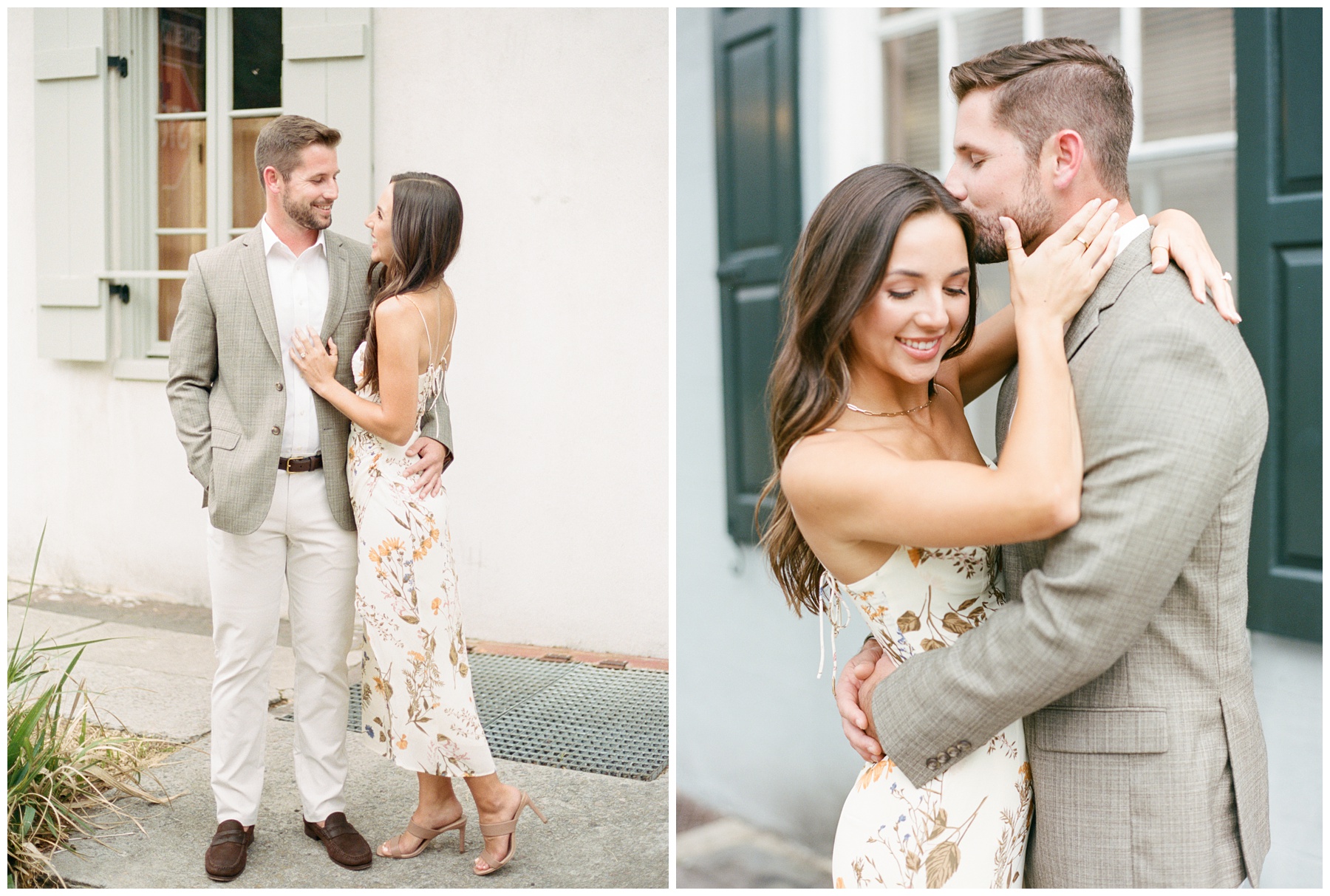 groom hugs bride to him kissing her forehead while standing on sidewalk in Downtown Charleston