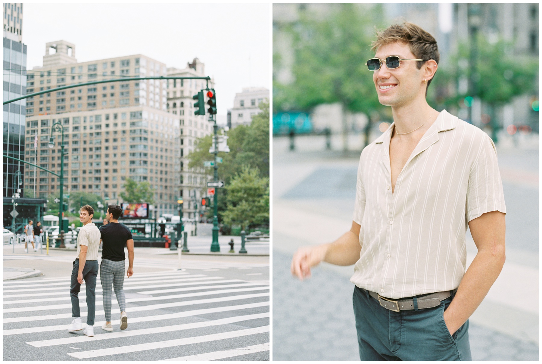 engaged couple holds hands walking across crosswalk in New York City during NYC engagement session