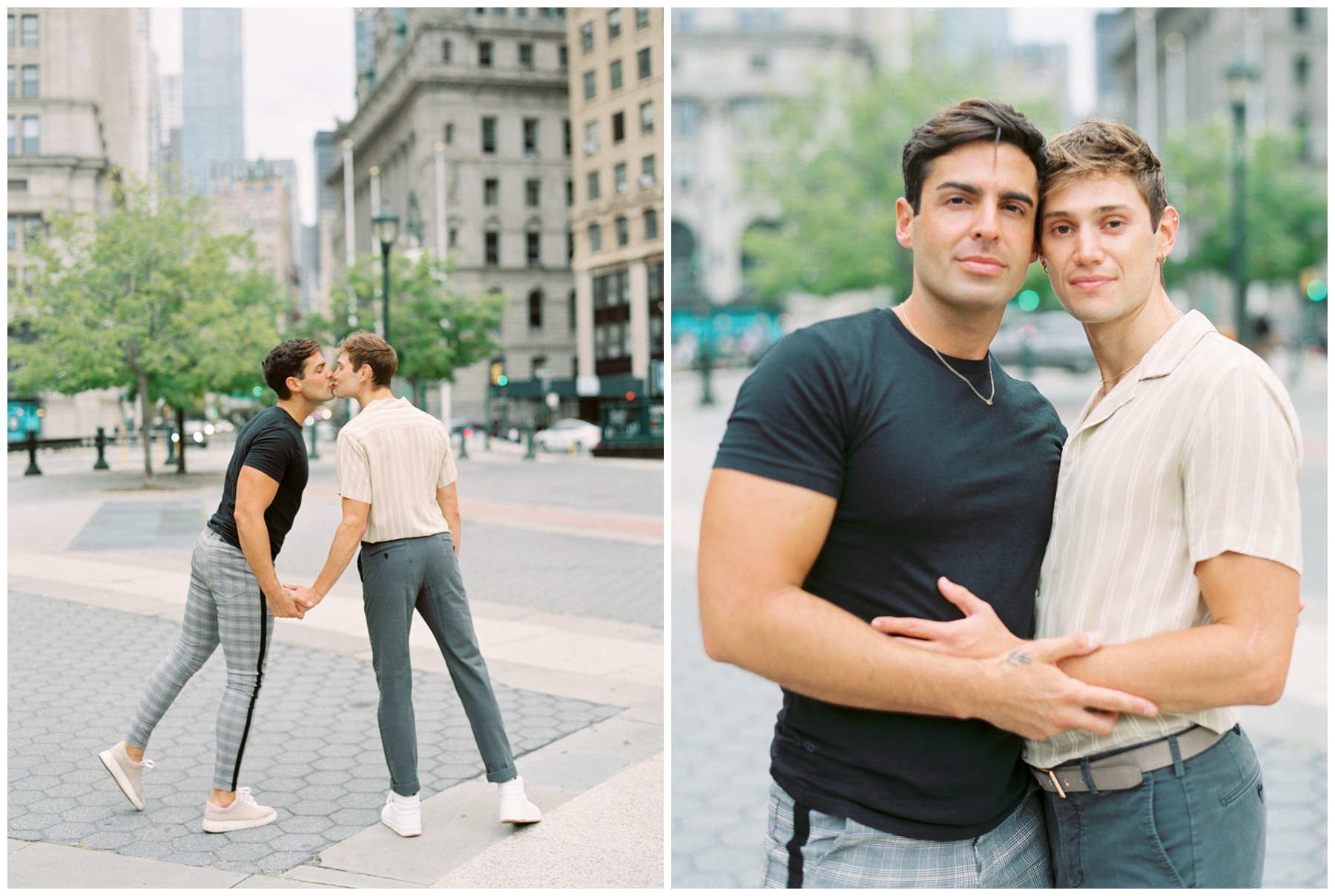 engaged couple leans for a kiss in Foley Square during NYC engagement portraits 