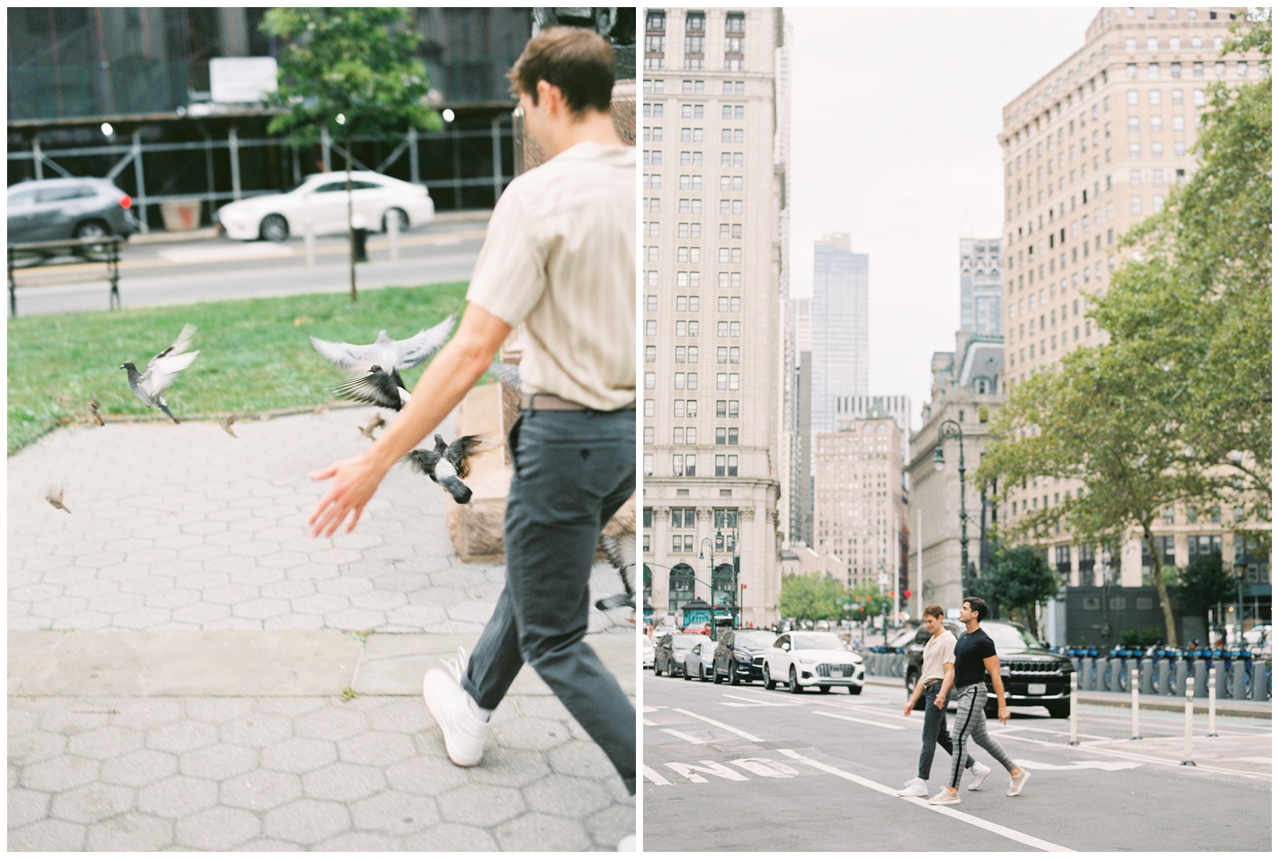 engaged couple walk through streets in New York City as pigeons fly away 