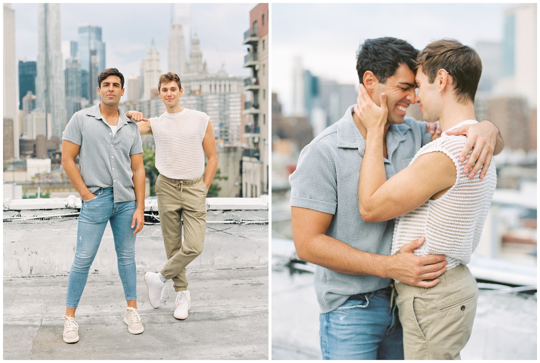 man in white sweater leans on boyfriend's shoulder and hug together during New York City engagement session
